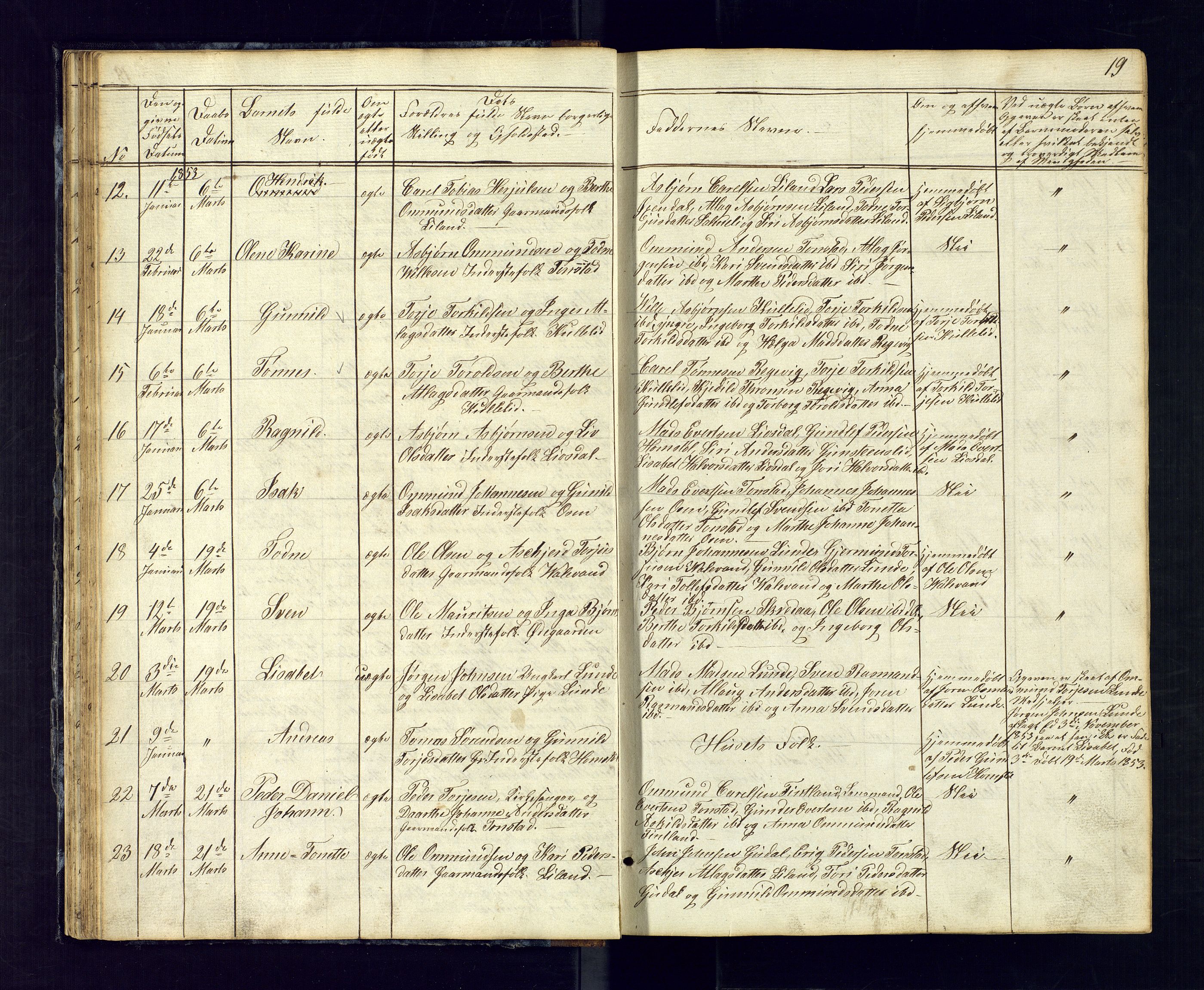 Sirdal sokneprestkontor, SAK/1111-0036/F/Fb/Fbb/L0002: Parish register (copy) no. B-2, 1848-1878, p. 19