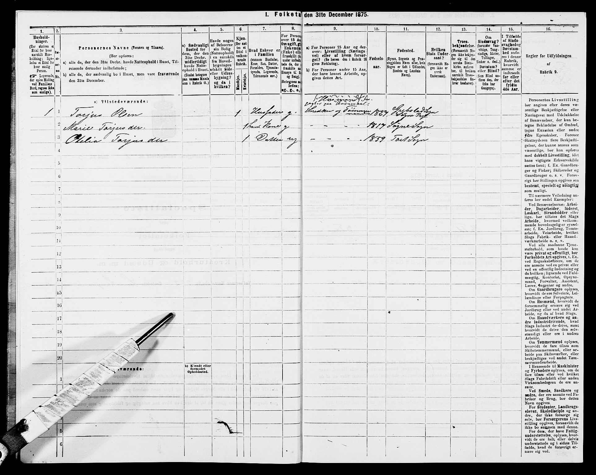 SAK, 1875 census for 1013P Tveit, 1875, p. 178