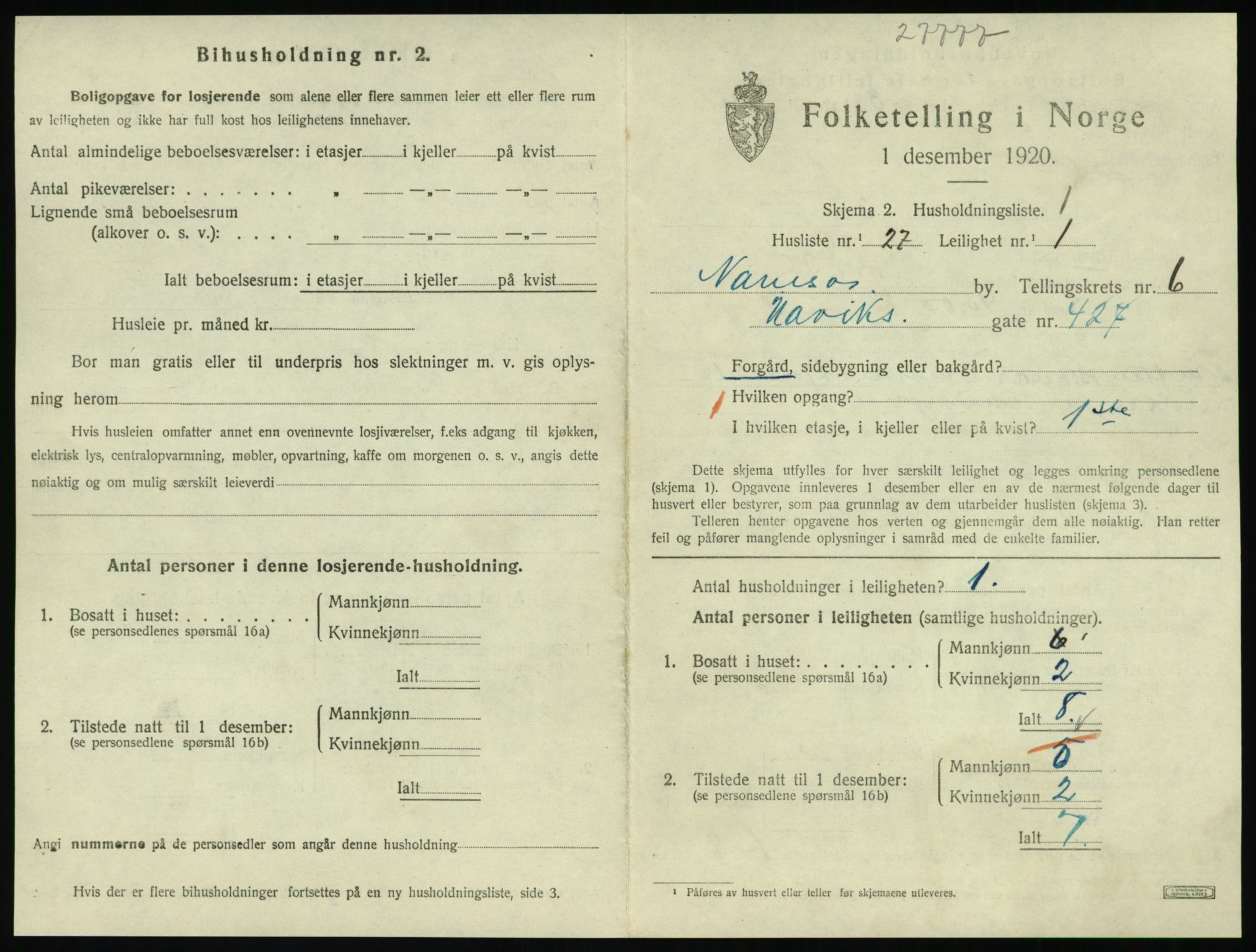 SAT, 1920 census for Namsos, 1920, p. 1875