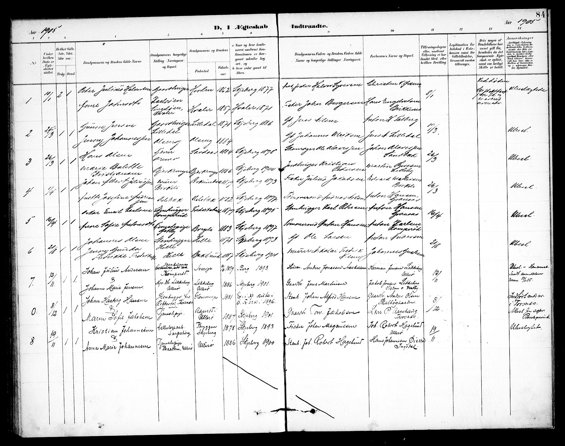 Skjeberg prestekontor Kirkebøker, AV/SAO-A-10923/F/Fb/L0002: Parish register (official) no. II 2, 1895-1910, p. 84