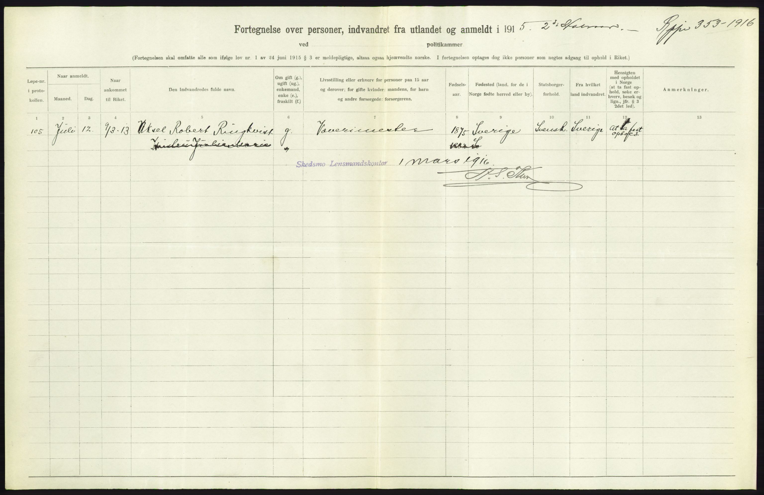 Statistisk sentralbyrå, Sosioøkonomiske emner, Folketellinger, boliger og boforhold, AV/RA-S-2231/F/Fa/L0001: Innvandring. Navn/fylkesvis, 1915, p. 247