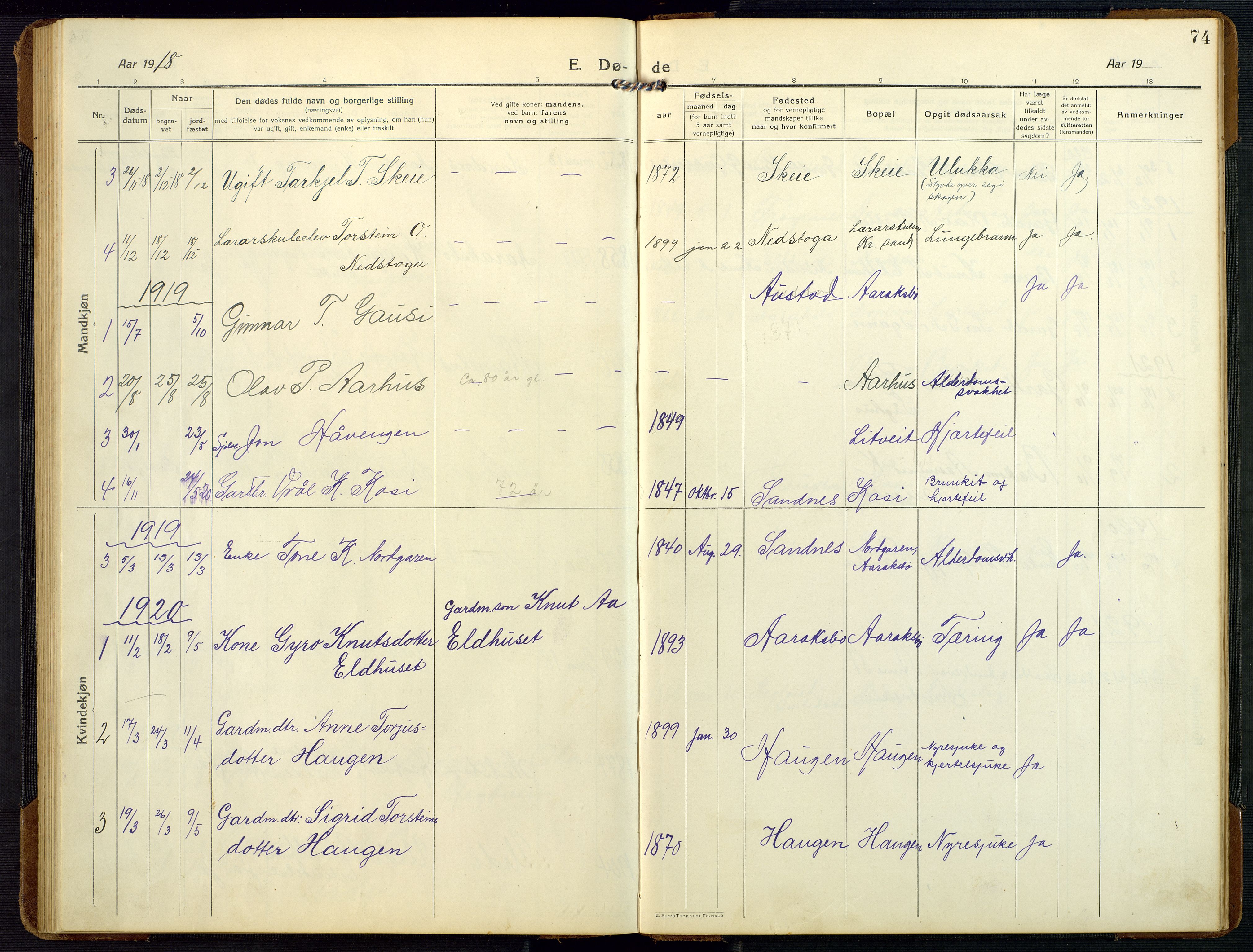 Bygland sokneprestkontor, SAK/1111-0006/F/Fb/Fbc/L0003: Parish register (copy) no. B 3, 1916-1975, p. 74
