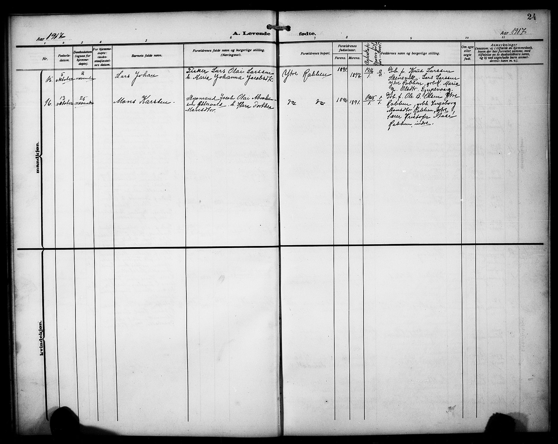 Austevoll sokneprestembete, AV/SAB-A-74201/H/Ha/Hab/Habb/L0006: Parish register (copy) no. B 6, 1911-1925, p. 24