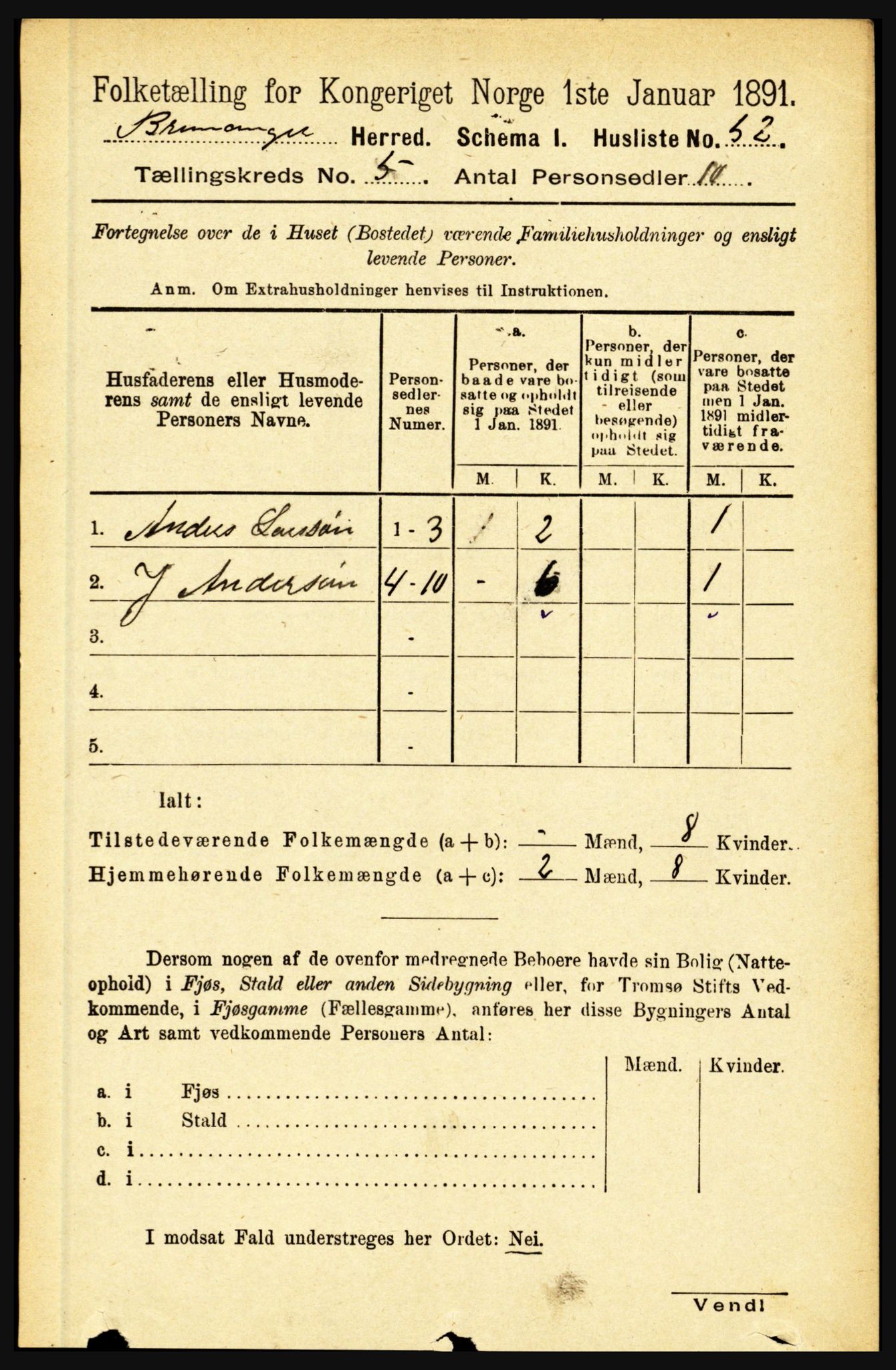 RA, 1891 census for 1438 Bremanger, 1891, p. 1960