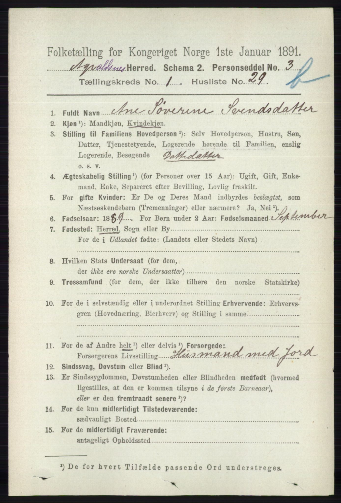 RA, 1891 census for 1147 Avaldsnes, 1891, p. 1396