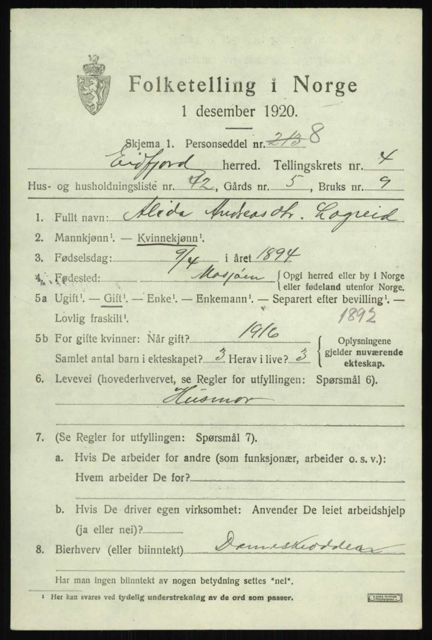 SAB, 1920 census for Eidfjord, 1920, p. 1748