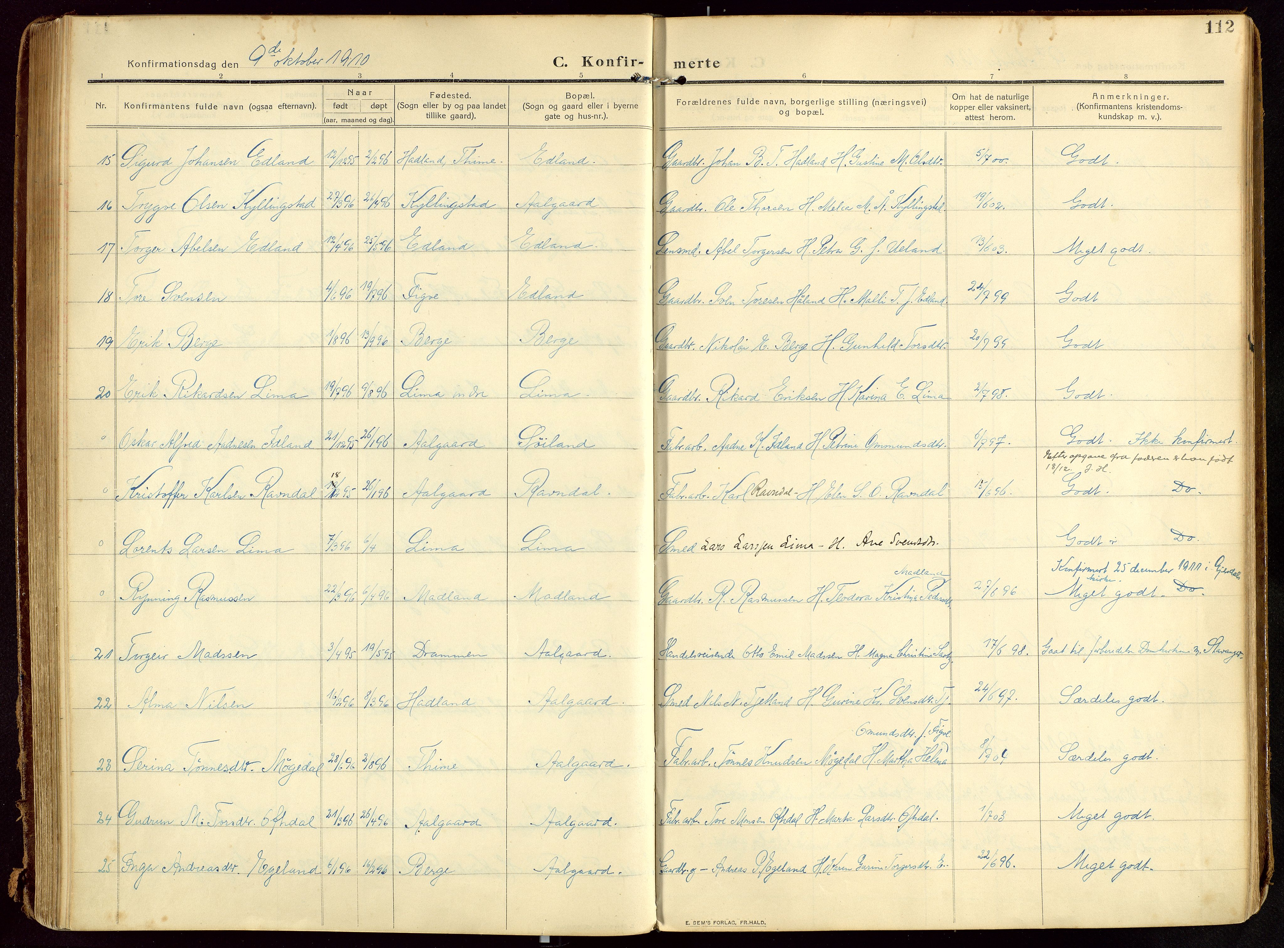 Lye sokneprestkontor, AV/SAST-A-101794/002/B/L0001: Parish register (official) no. A 13, 1910-1925, p. 112