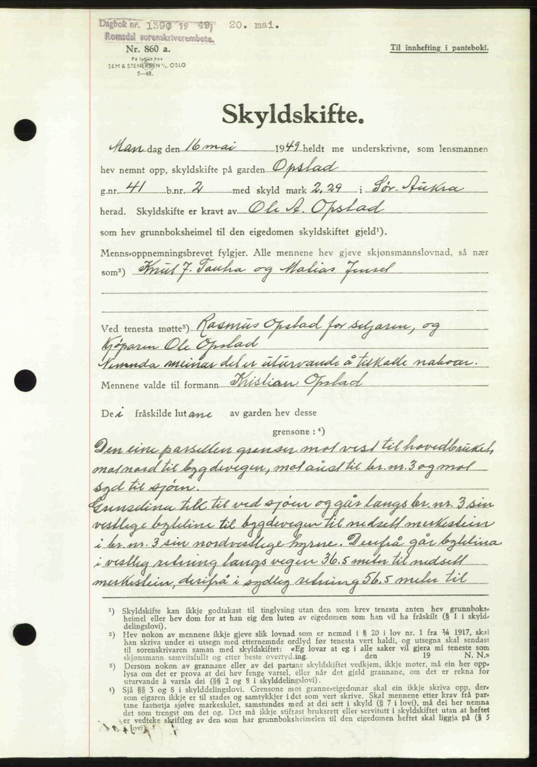 Romsdal sorenskriveri, AV/SAT-A-4149/1/2/2C: Mortgage book no. A29, 1949-1949, Diary no: : 1390/1949