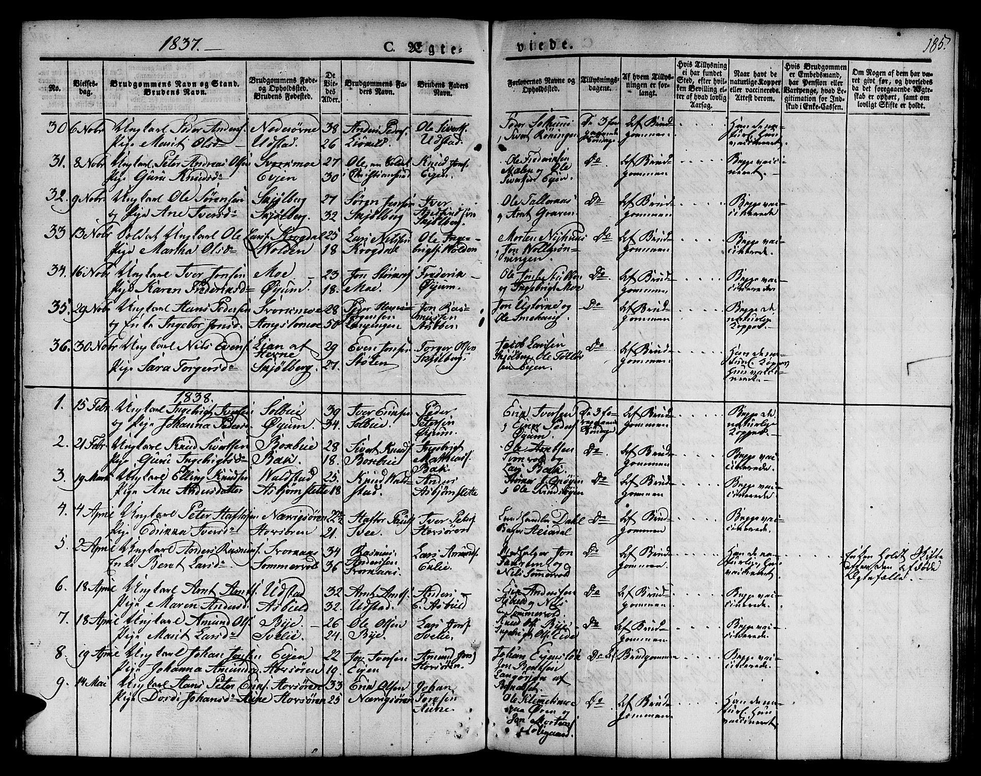 Ministerialprotokoller, klokkerbøker og fødselsregistre - Sør-Trøndelag, SAT/A-1456/668/L0804: Parish register (official) no. 668A04, 1826-1839, p. 185