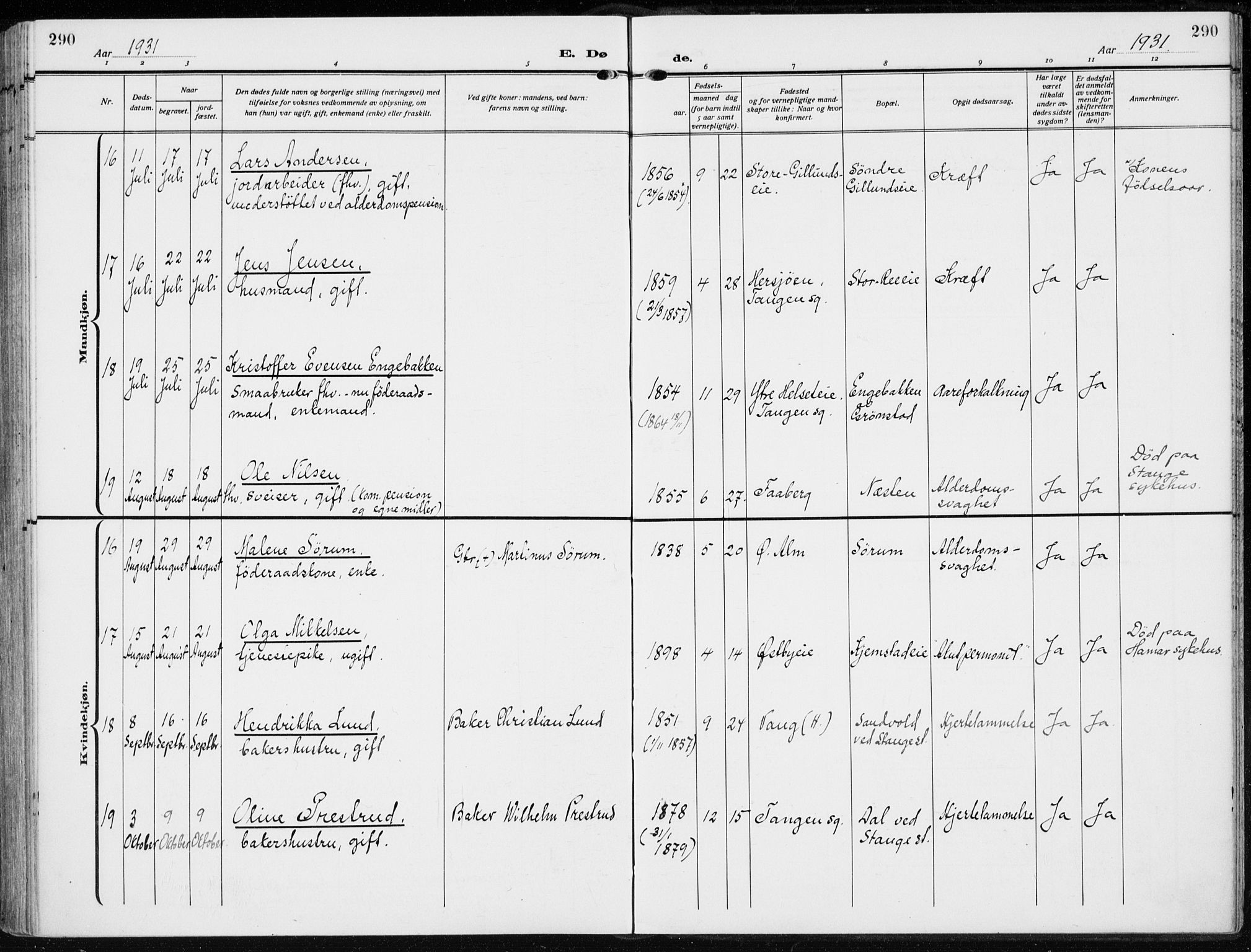 Stange prestekontor, AV/SAH-PREST-002/K/L0026: Parish register (official) no. 26, 1923-1937, p. 290