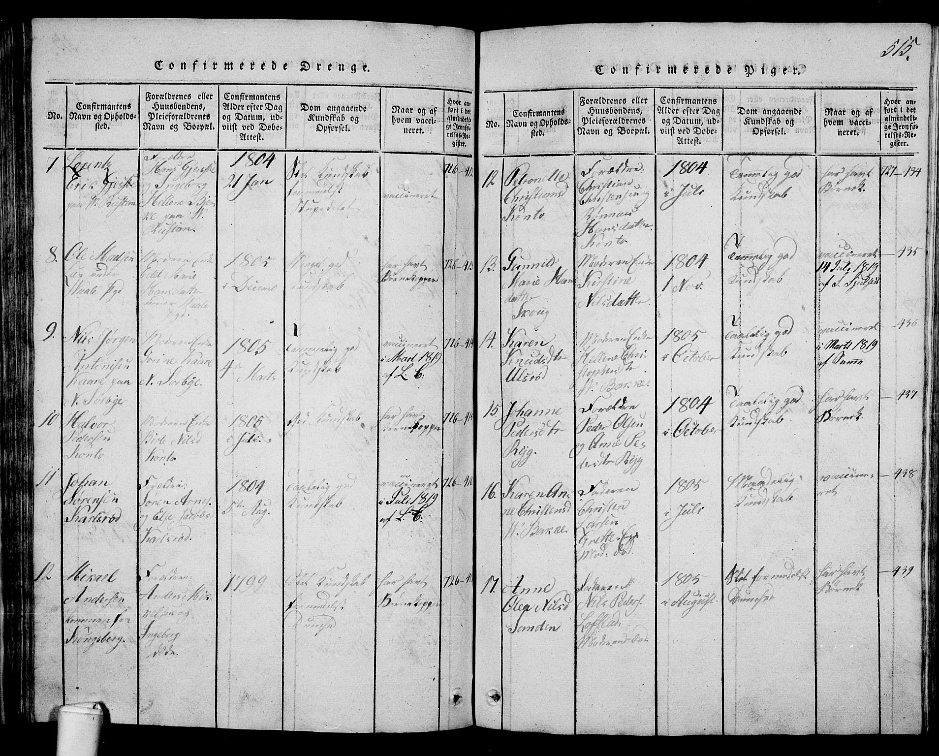 Våle kirkebøker, AV/SAKO-A-334/G/Ga/L0001: Parish register (copy) no. I 1, 1814-1824, p. 514-515