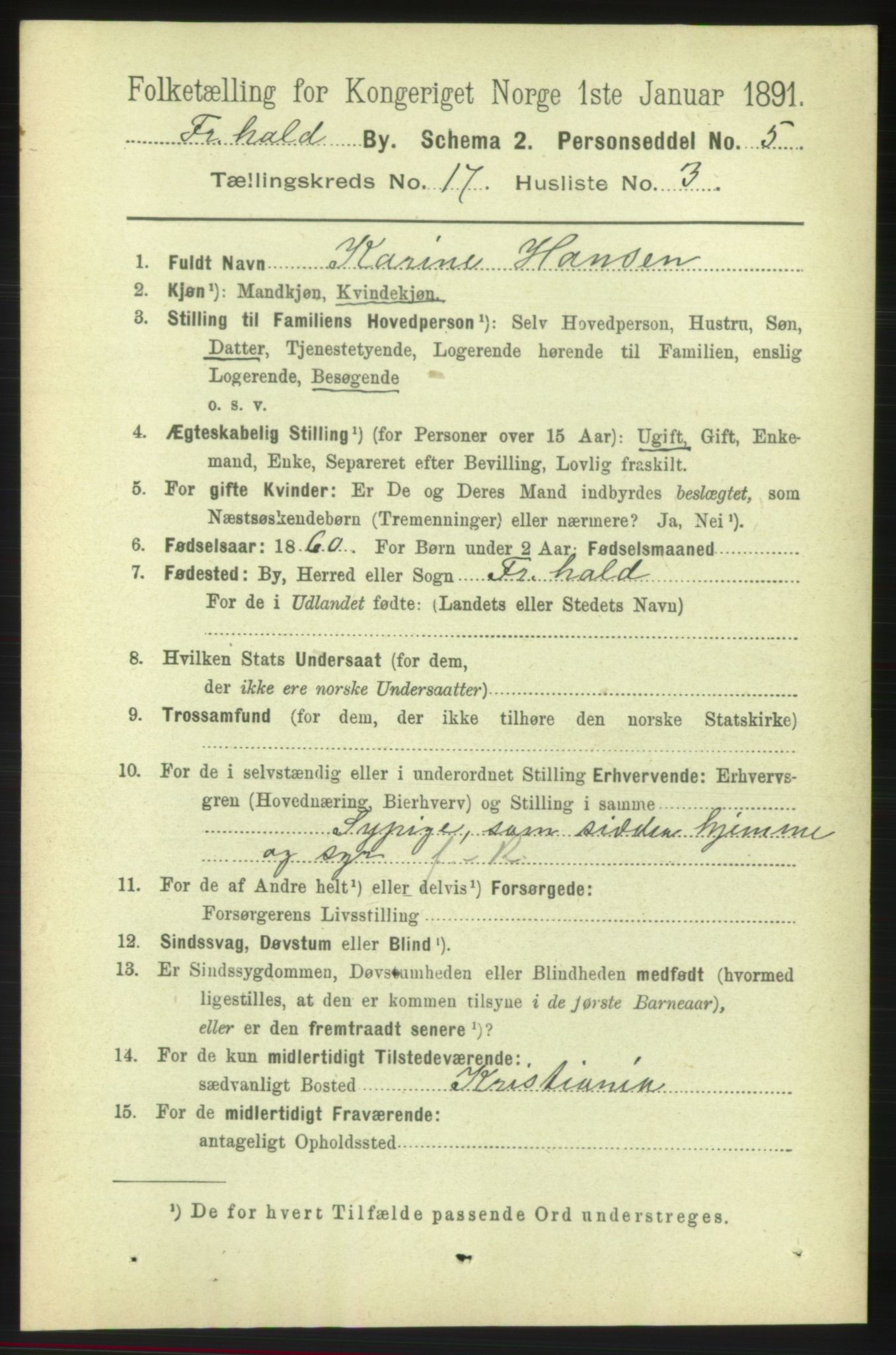 RA, 1891 census for 0101 Fredrikshald, 1891, p. 10879