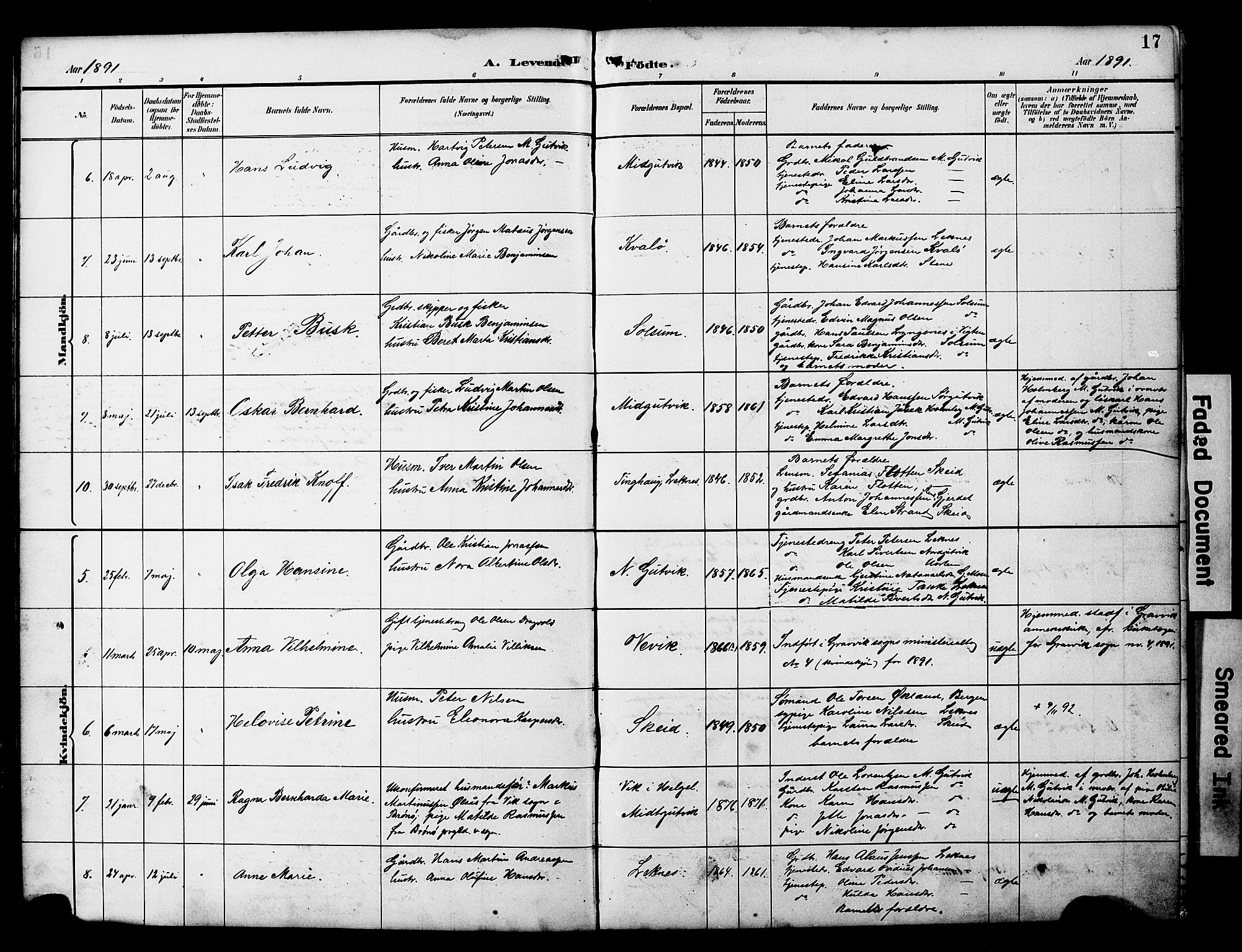 Ministerialprotokoller, klokkerbøker og fødselsregistre - Nord-Trøndelag, AV/SAT-A-1458/788/L0701: Parish register (copy) no. 788C01, 1888-1913, p. 17