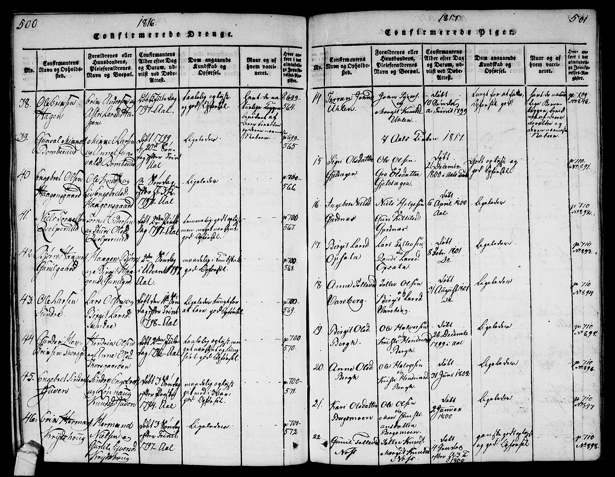 Ål kirkebøker, AV/SAKO-A-249/G/Ga/L0001: Parish register (copy) no. 1, 1815-1829, p. 500-501