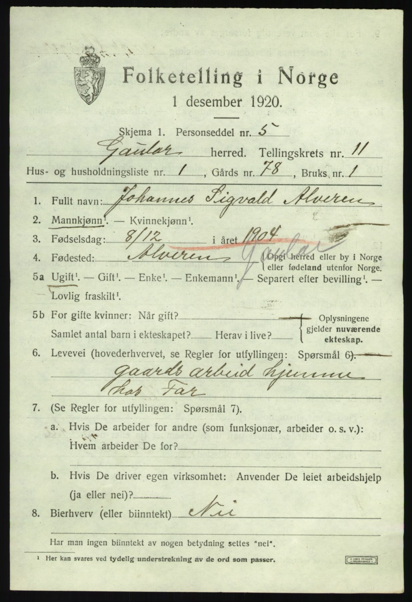 SAB, 1920 census for Gaular, 1920, p. 5152