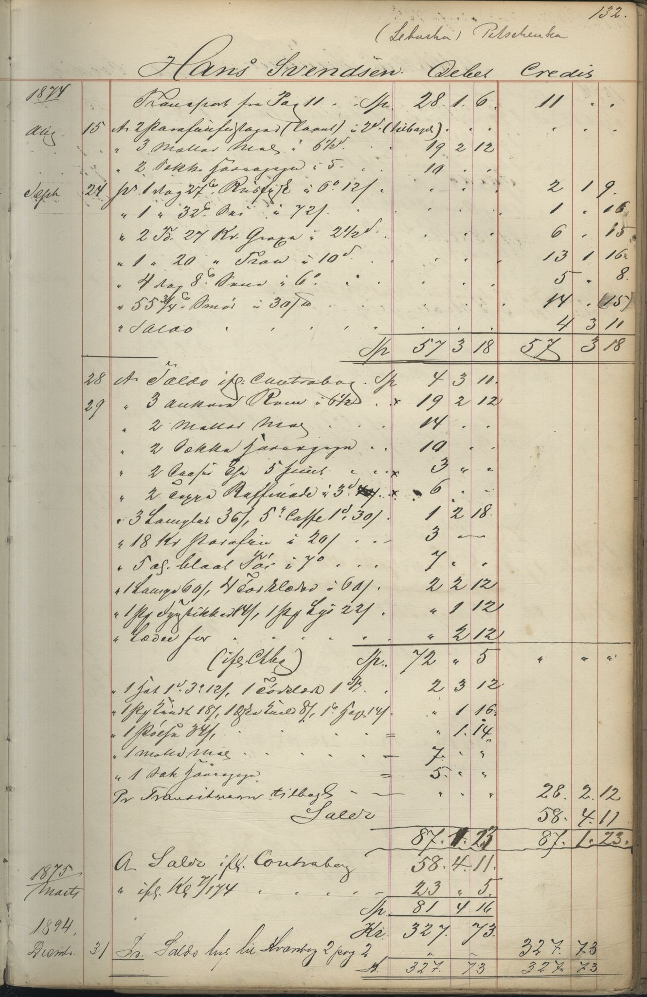 Brodtkorb handel A/S, VAMU/A-0001/F/Fc/L0001/0001: Konto for kvener og nordmenn på Kolahalvøya  / Conto for Kvæner og Nordmænd paa Russefinmarken No 1, 1868-1894, p. 132