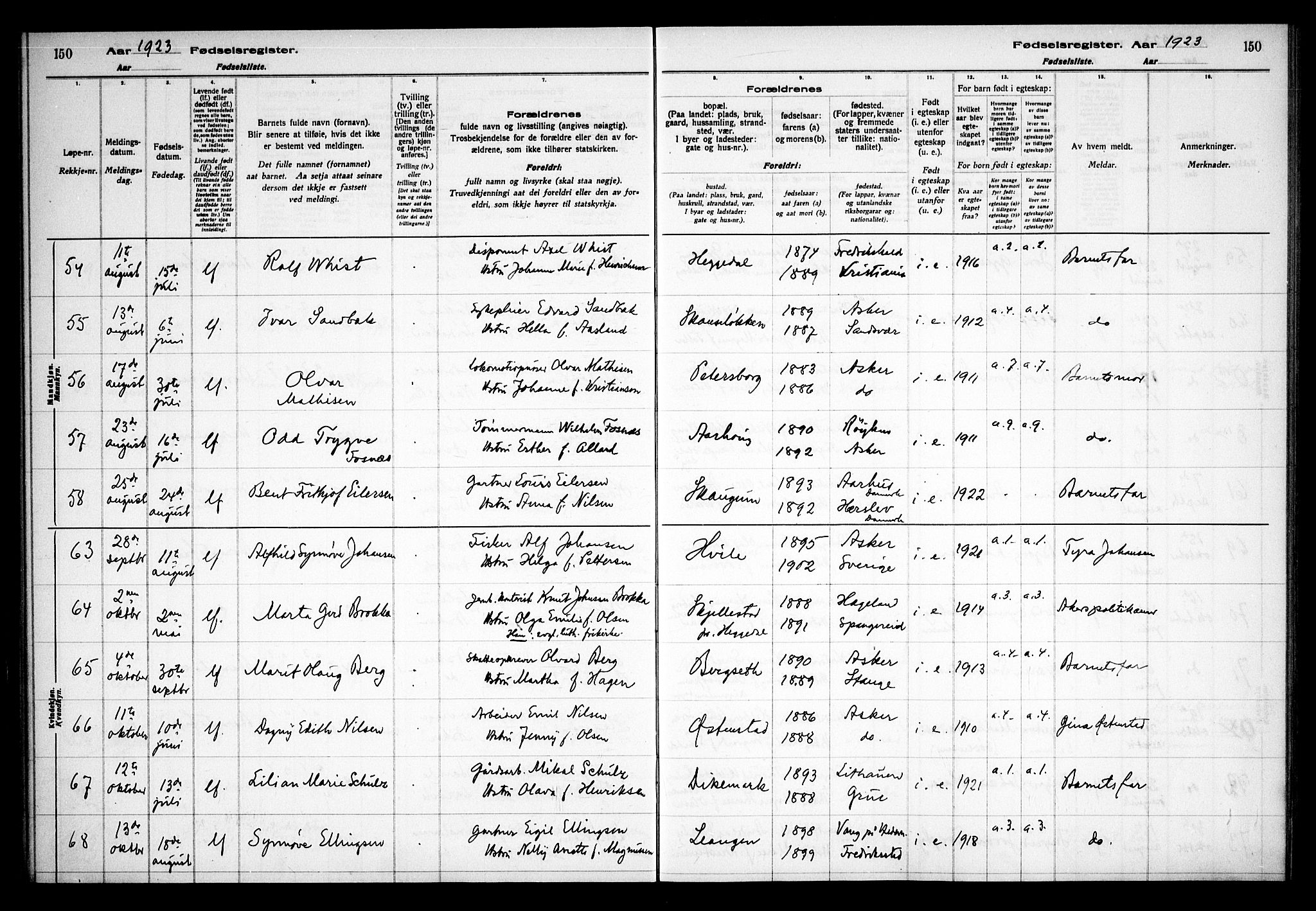 Asker prestekontor Kirkebøker, AV/SAO-A-10256a/J/L0001: Birth register no. 1, 1916-1925, p. 150