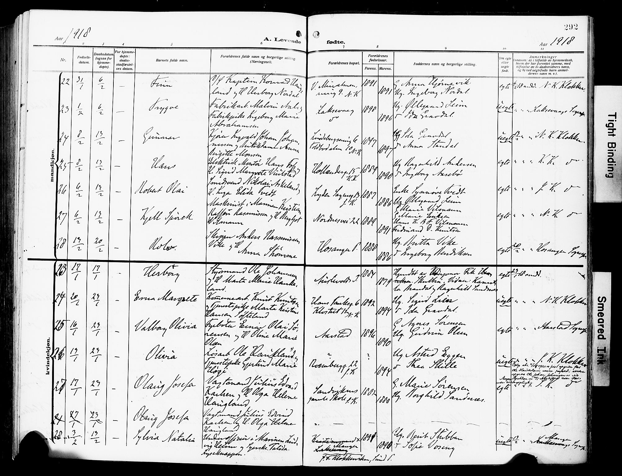 Fødselsstiftelsens sokneprestembete*, SAB/-: Parish register (official) no. A 4, 1910-1918, p. 292