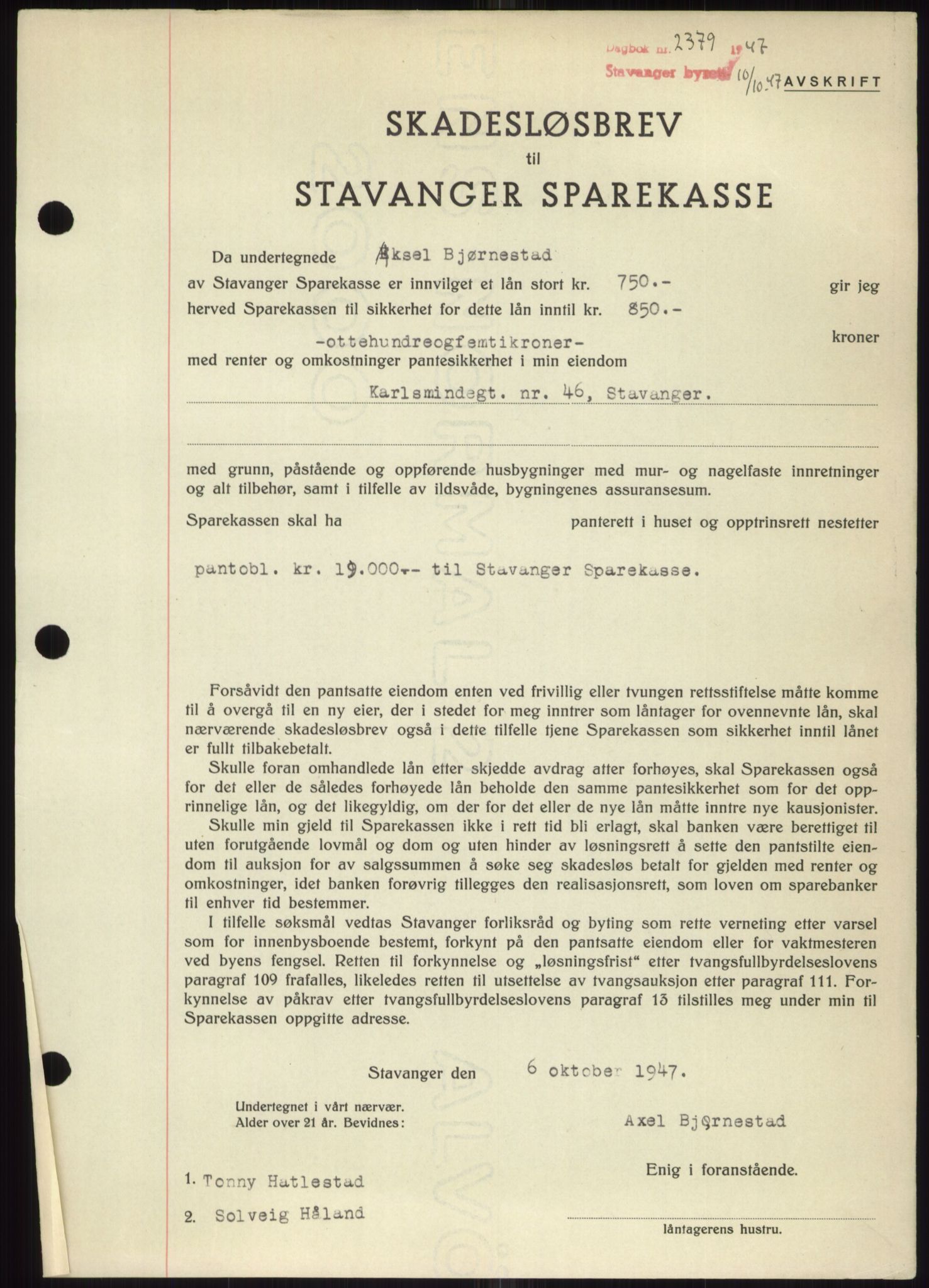 Stavanger byrett, SAST/A-100455/002/G/Gb/L0032: Mortgage book, 1947-1950, Diary no: : 2379/1947