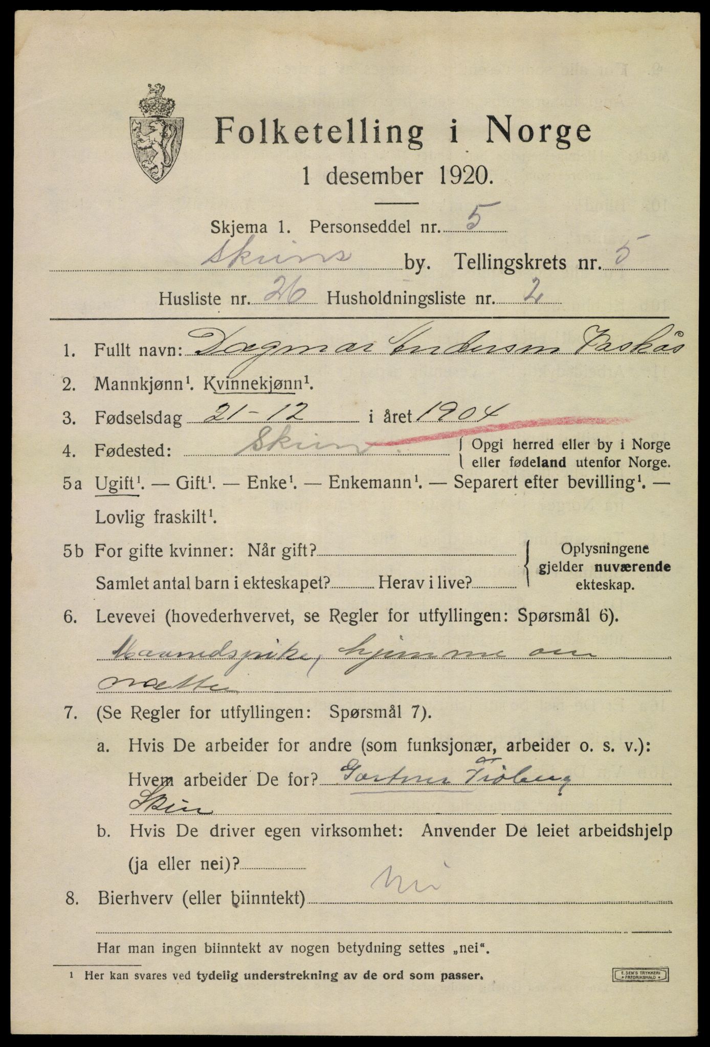 SAKO, 1920 census for Skien, 1920, p. 20026