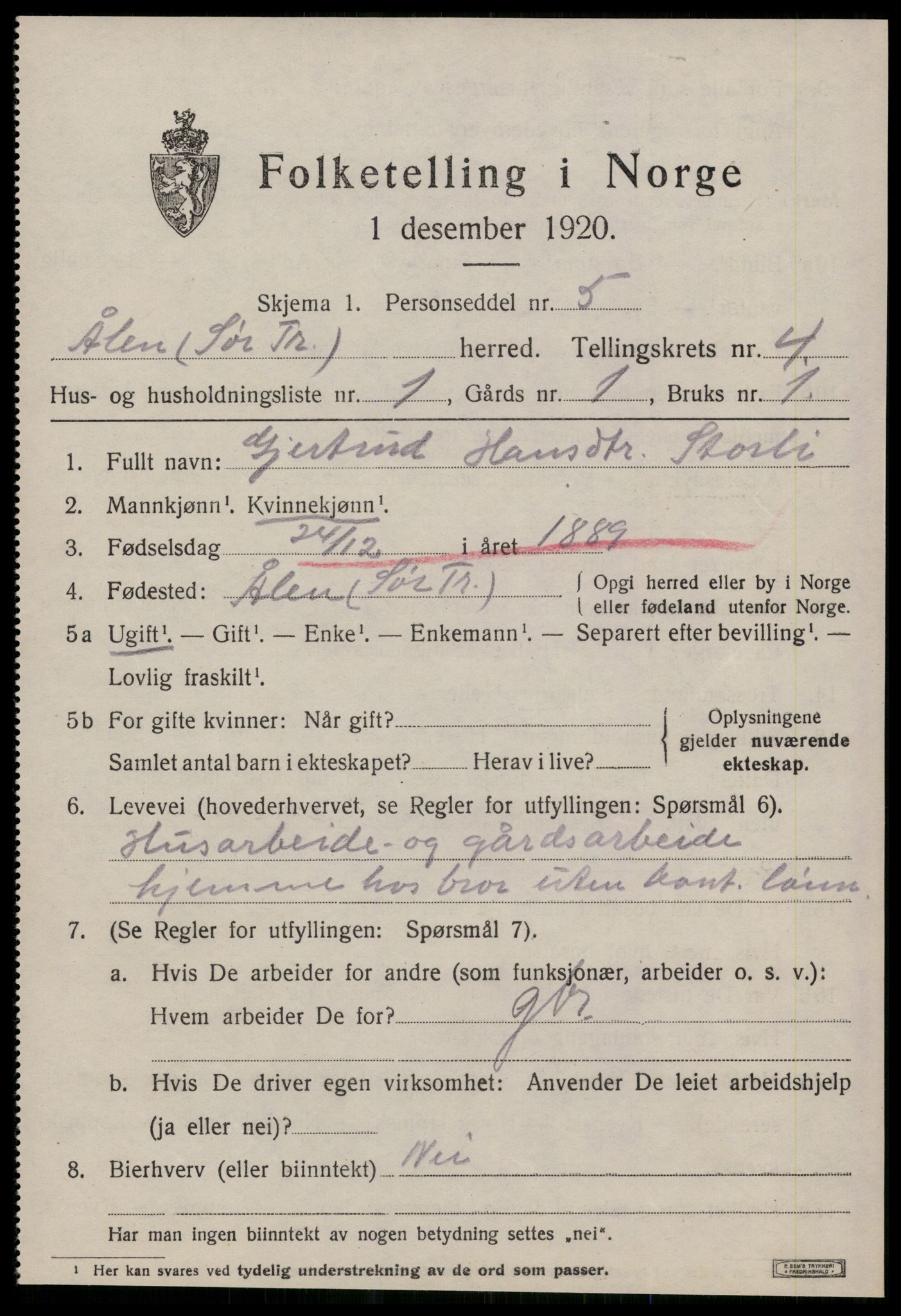 SAT, 1920 census for Ålen, 1920, p. 2072