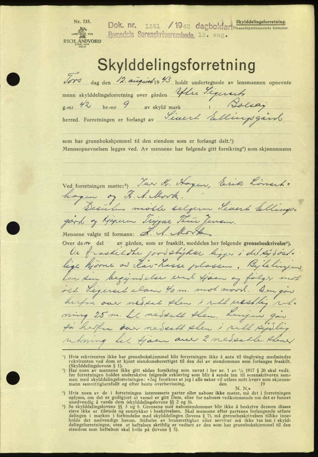 Romsdal sorenskriveri, AV/SAT-A-4149/1/2/2C: Mortgage book no. A14, 1943-1943, Diary no: : 1351/1943