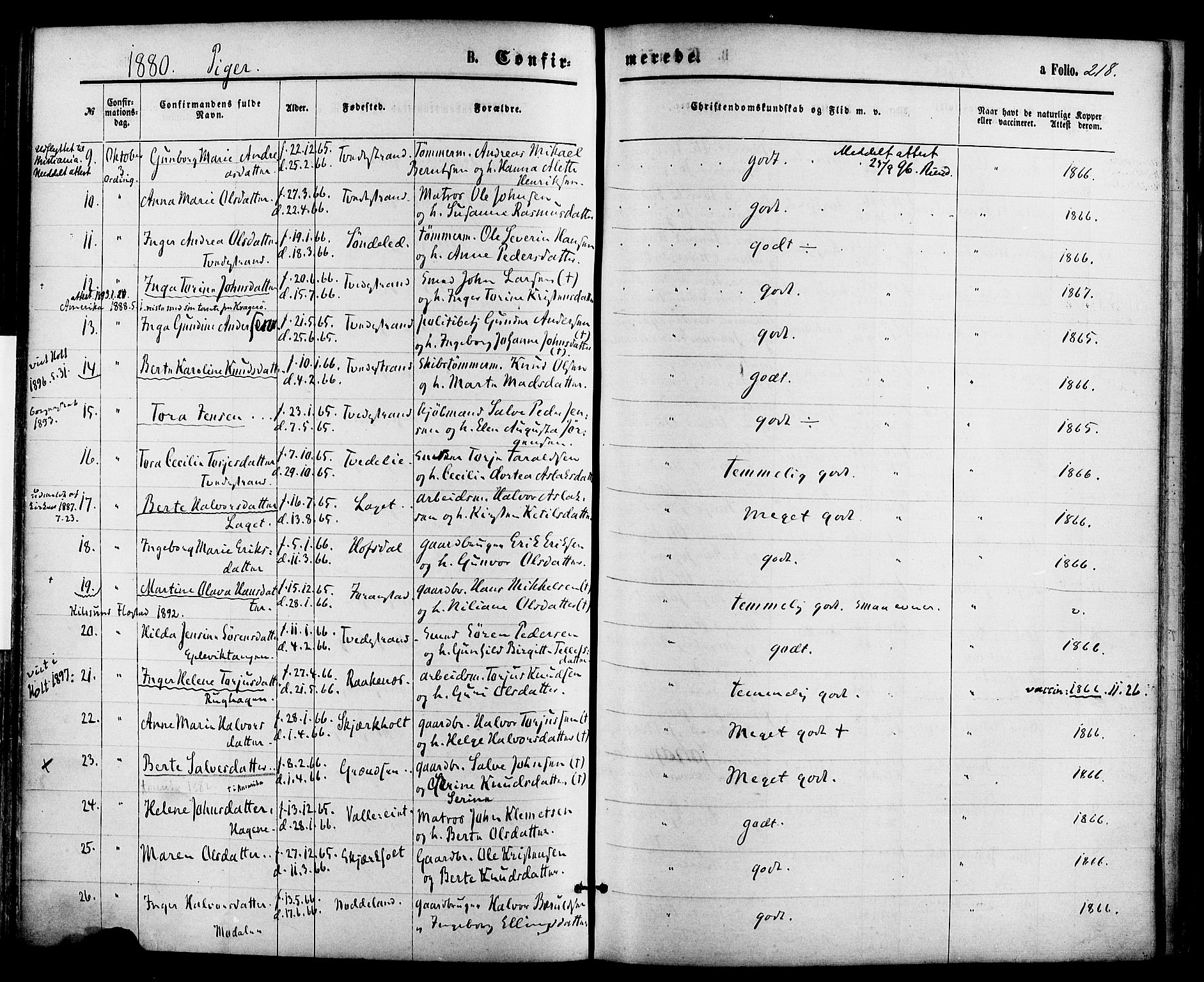 Holt sokneprestkontor, AV/SAK-1111-0021/F/Fa/L0010: Parish register (official) no. A 10, 1872-1885, p. 218