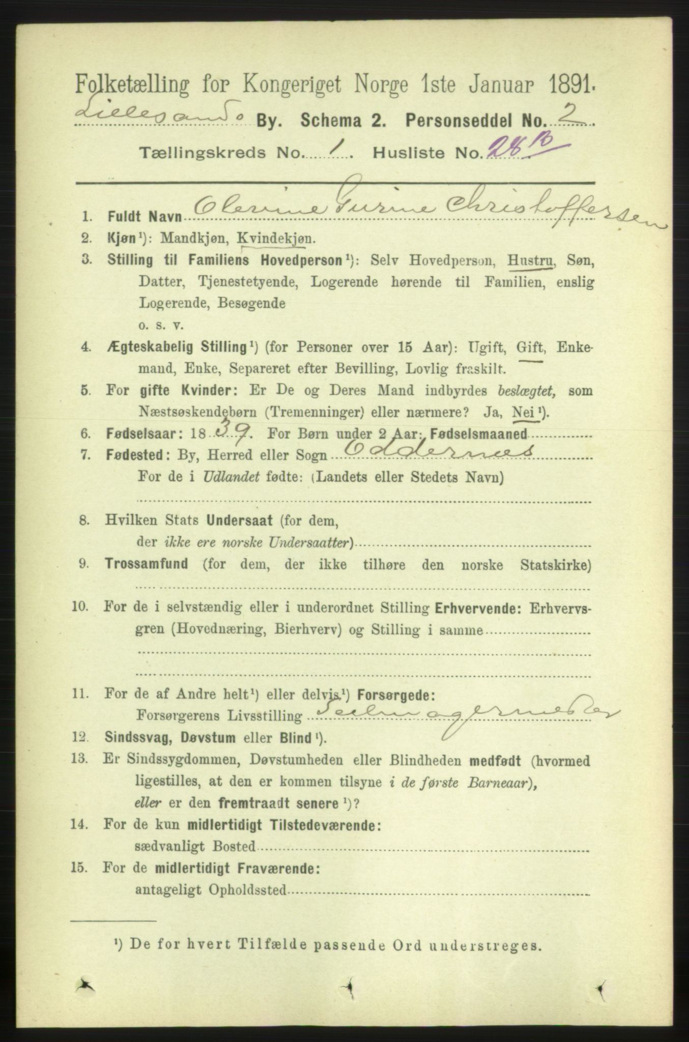 RA, 1891 census for 0905 Lillesand, 1891, p. 178