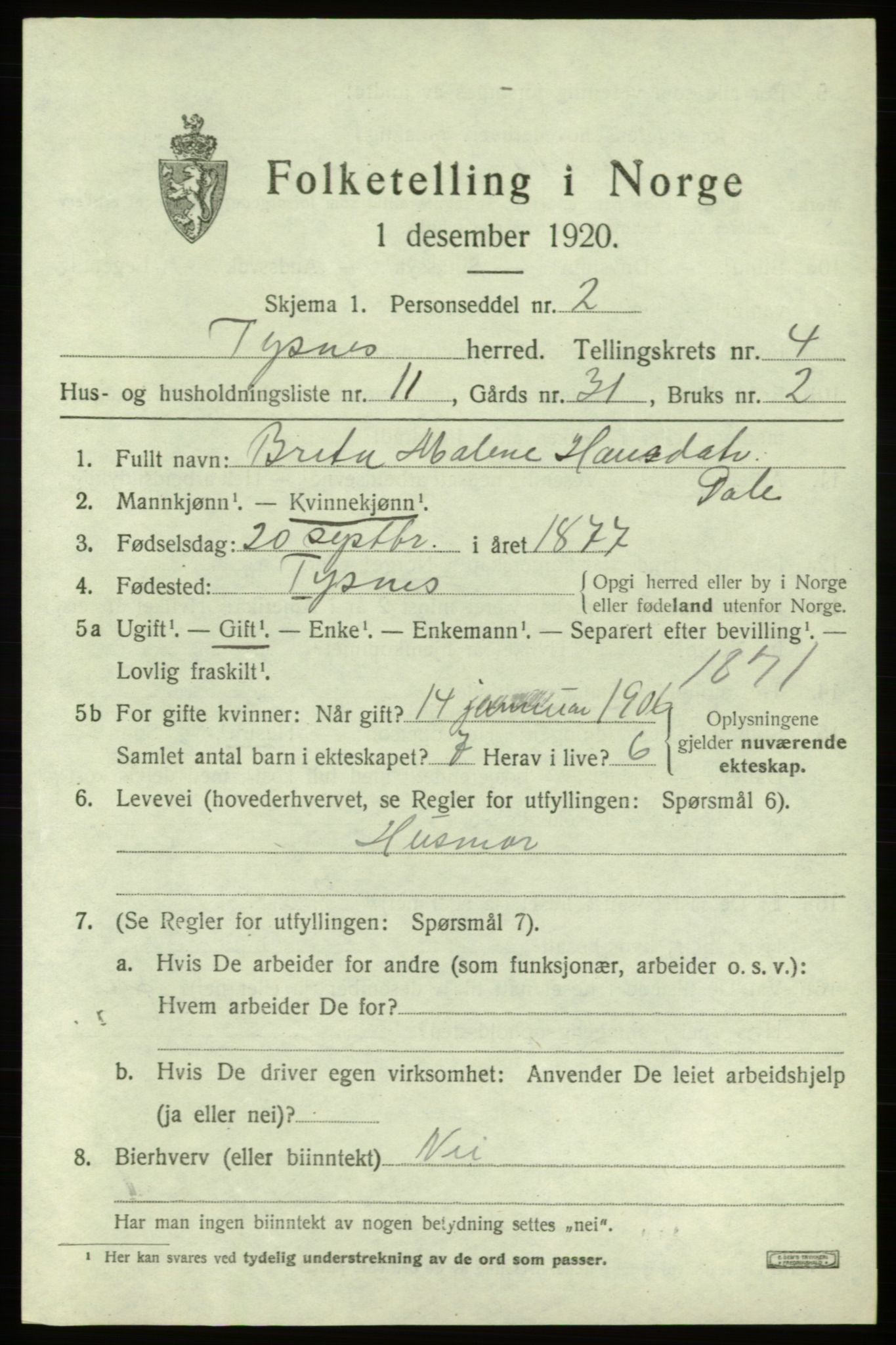 SAB, 1920 census for Tysnes, 1920, p. 3314