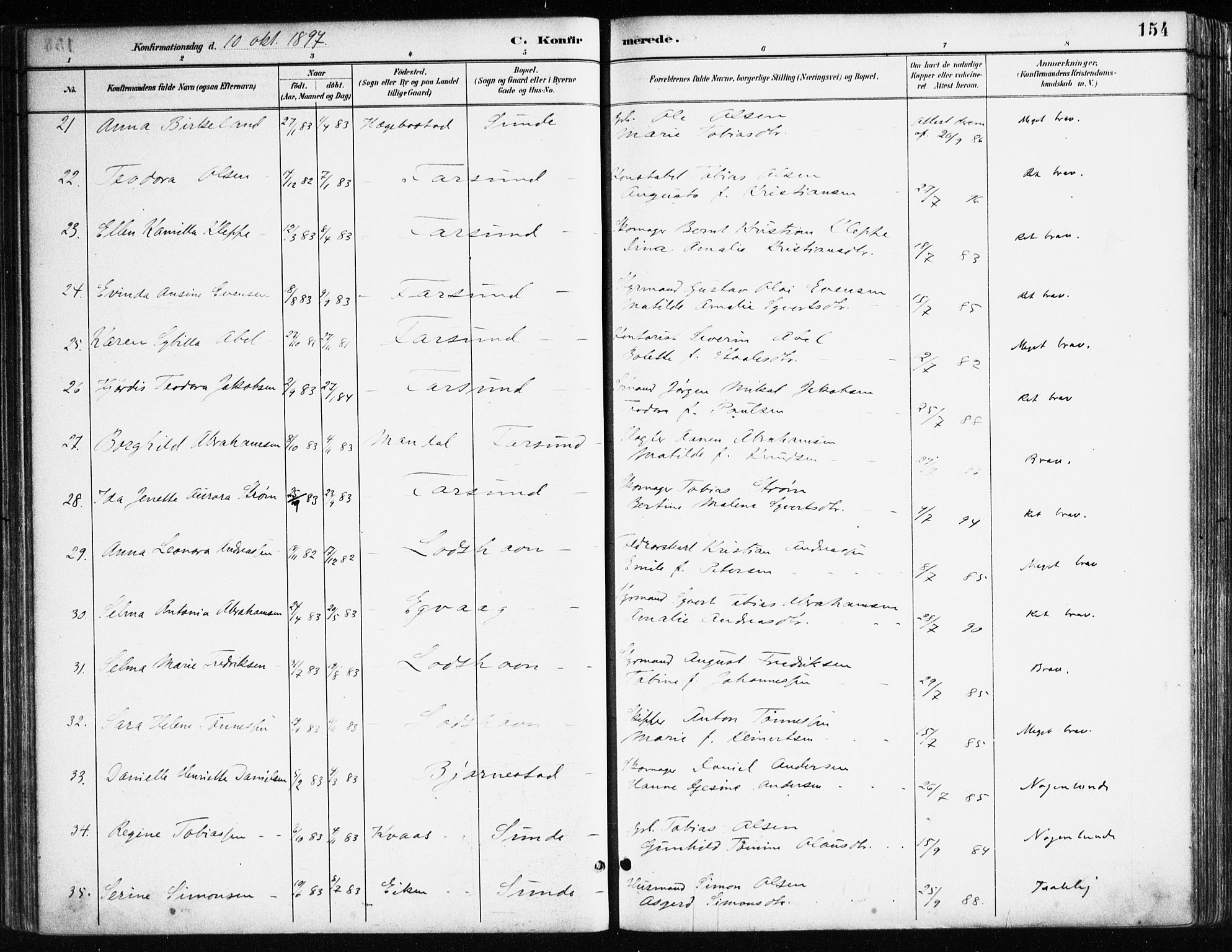Farsund sokneprestkontor, SAK/1111-0009/F/Fa/L0006: Parish register (official) no. A 6, 1887-1920, p. 154