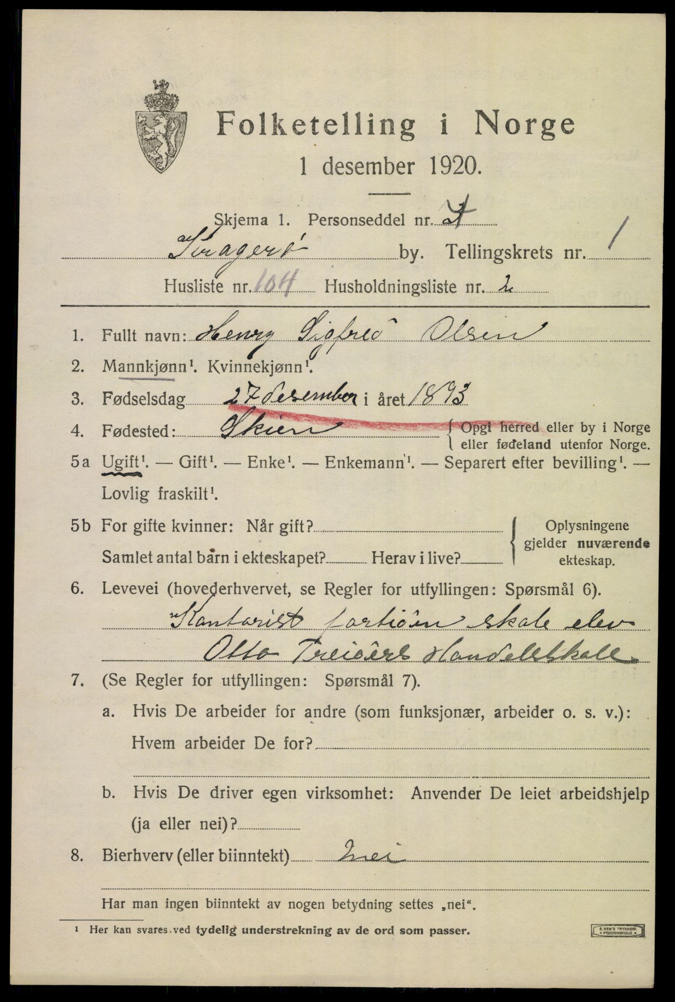 SAKO, 1920 census for Kragerø, 1920, p. 5307