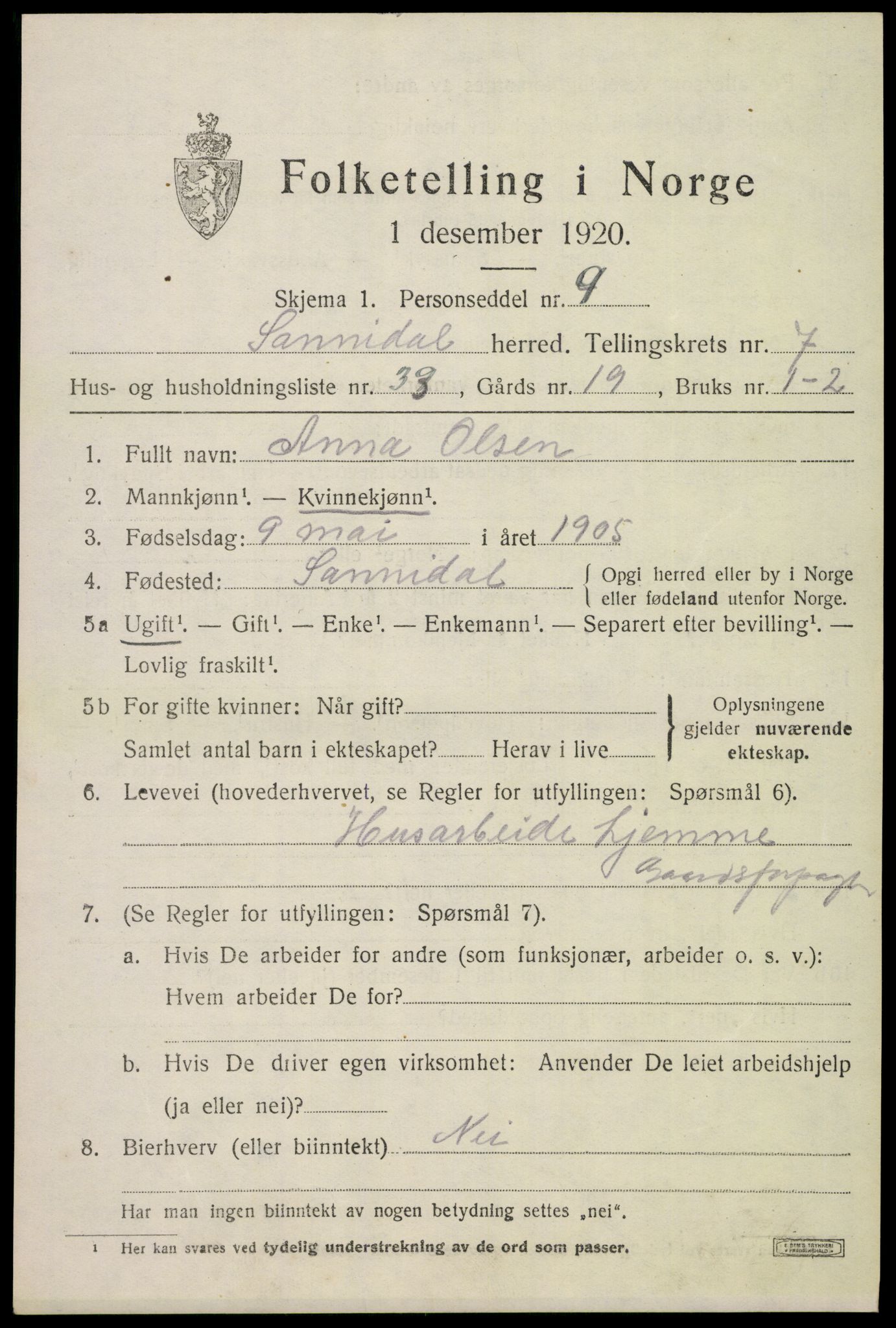 SAKO, 1920 census for Sannidal, 1920, p. 5373