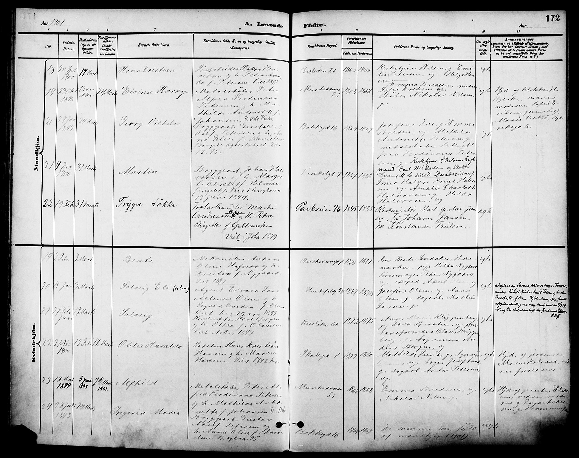 Johannes prestekontor Kirkebøker, AV/SAO-A-10852/F/Fa/L0007: Parish register (official) no. 7, 1896-1905, p. 172