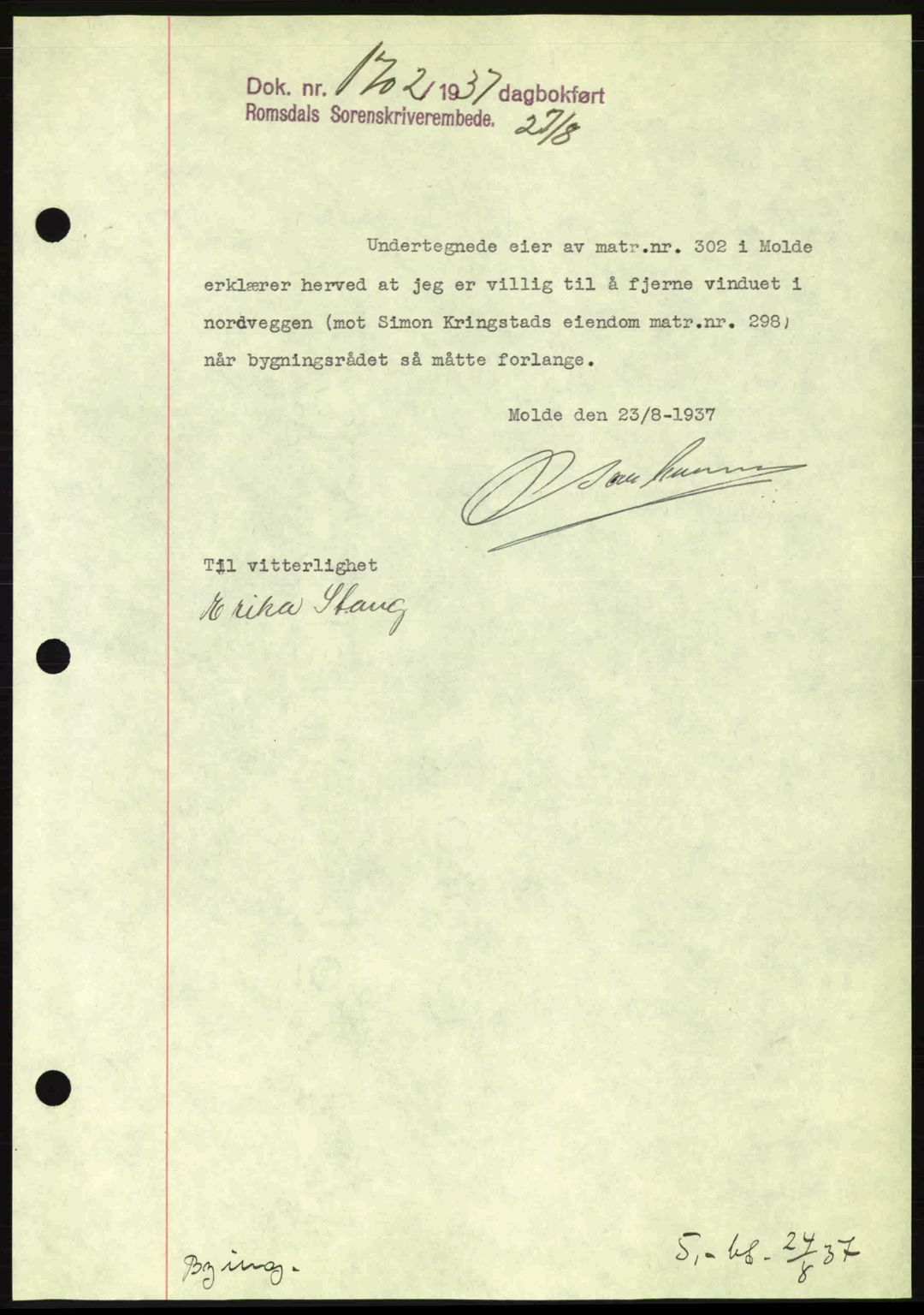 Romsdal sorenskriveri, SAT/A-4149/1/2/2C: Mortgage book no. A3, 1937-1937, Diary no: : 1702/1937