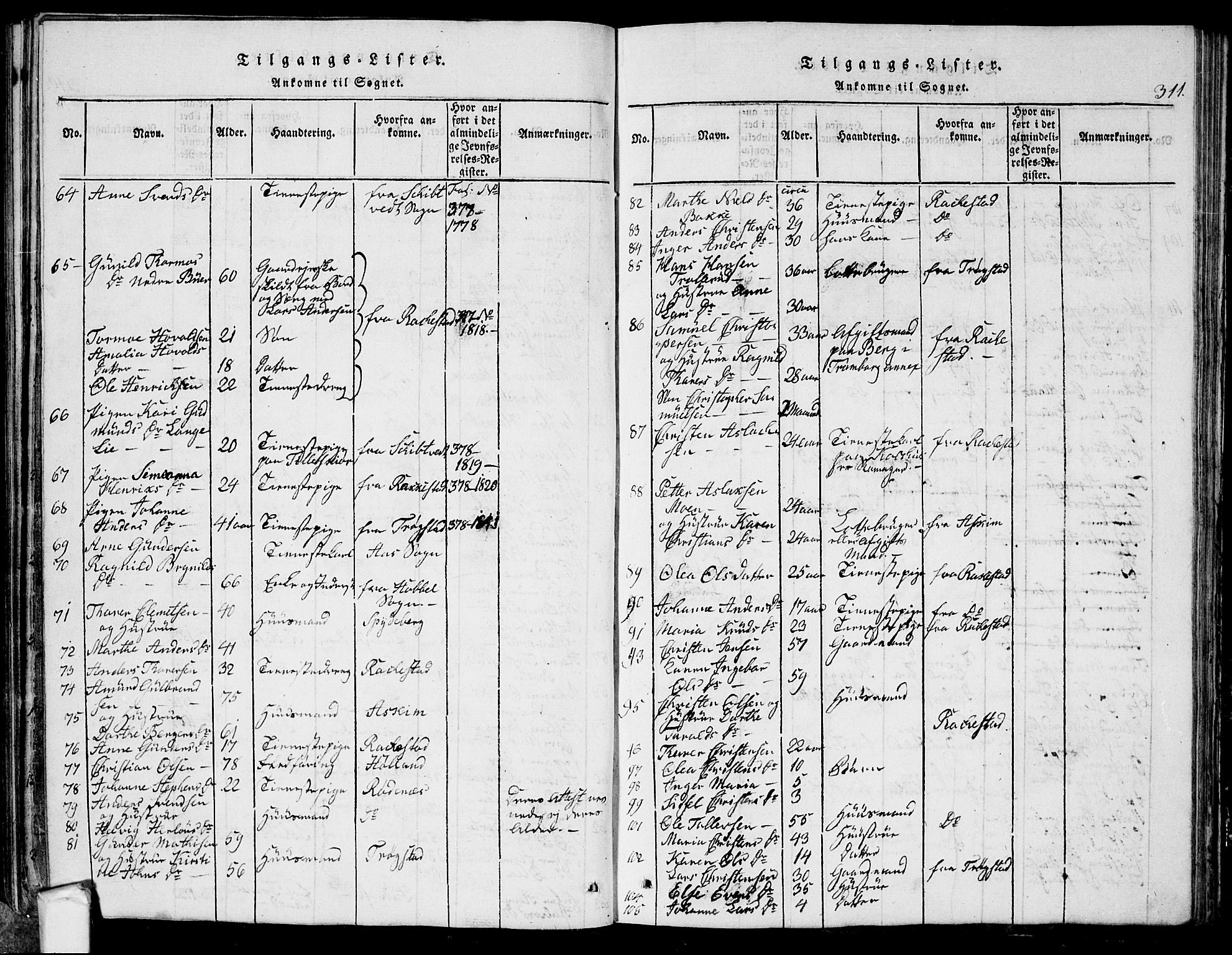 Eidsberg prestekontor Kirkebøker, SAO/A-10905/G/Ga/L0001: Parish register (copy) no. I 1, 1814-1831, p. 311