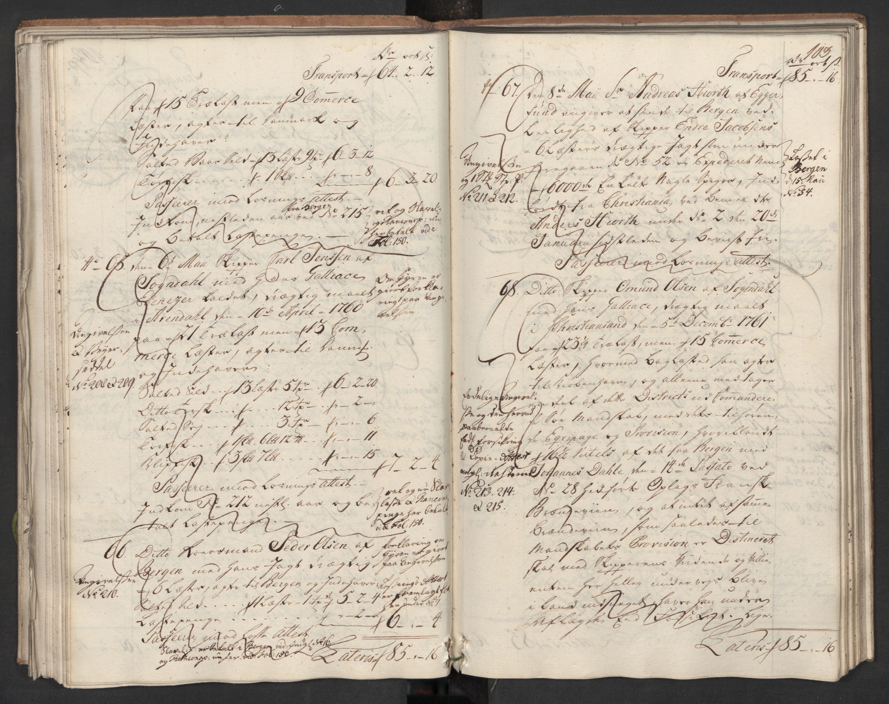 Generaltollkammeret, tollregnskaper, AV/RA-EA-5490/R22/L0024/0001: Tollregnskaper Stavanger / Hovedtollbok, 1762, p. 102b-103a