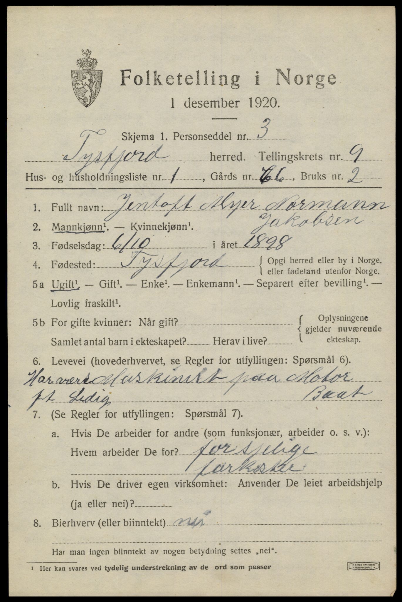 SAT, 1920 census for Tysfjord, 1920, p. 6263