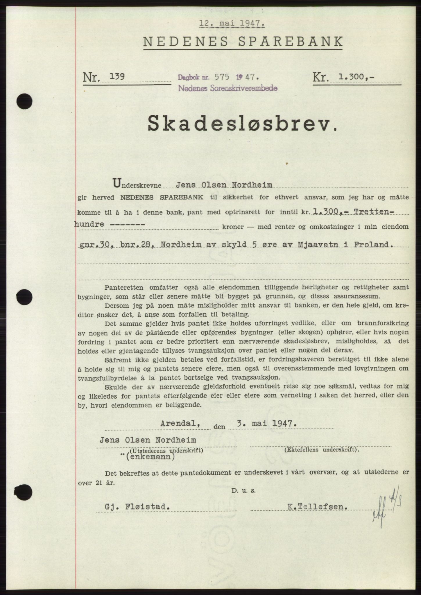 Nedenes sorenskriveri, AV/SAK-1221-0006/G/Gb/Gbb/L0004: Mortgage book no. B4, 1947-1947, Diary no: : 575/1947