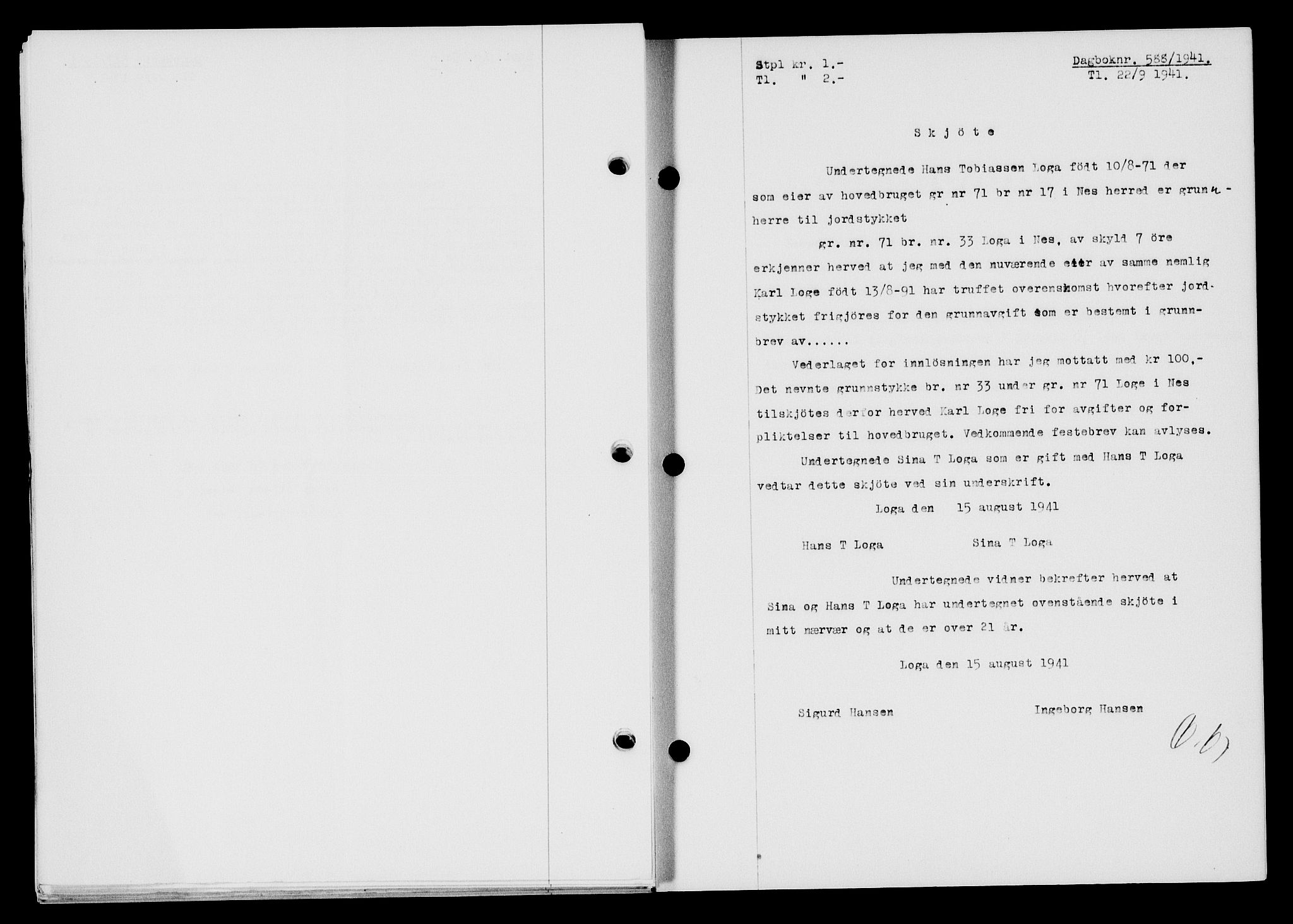 Flekkefjord sorenskriveri, SAK/1221-0001/G/Gb/Gba/L0057: Mortgage book no. A-5, 1941-1942, Diary no: : 588/1941