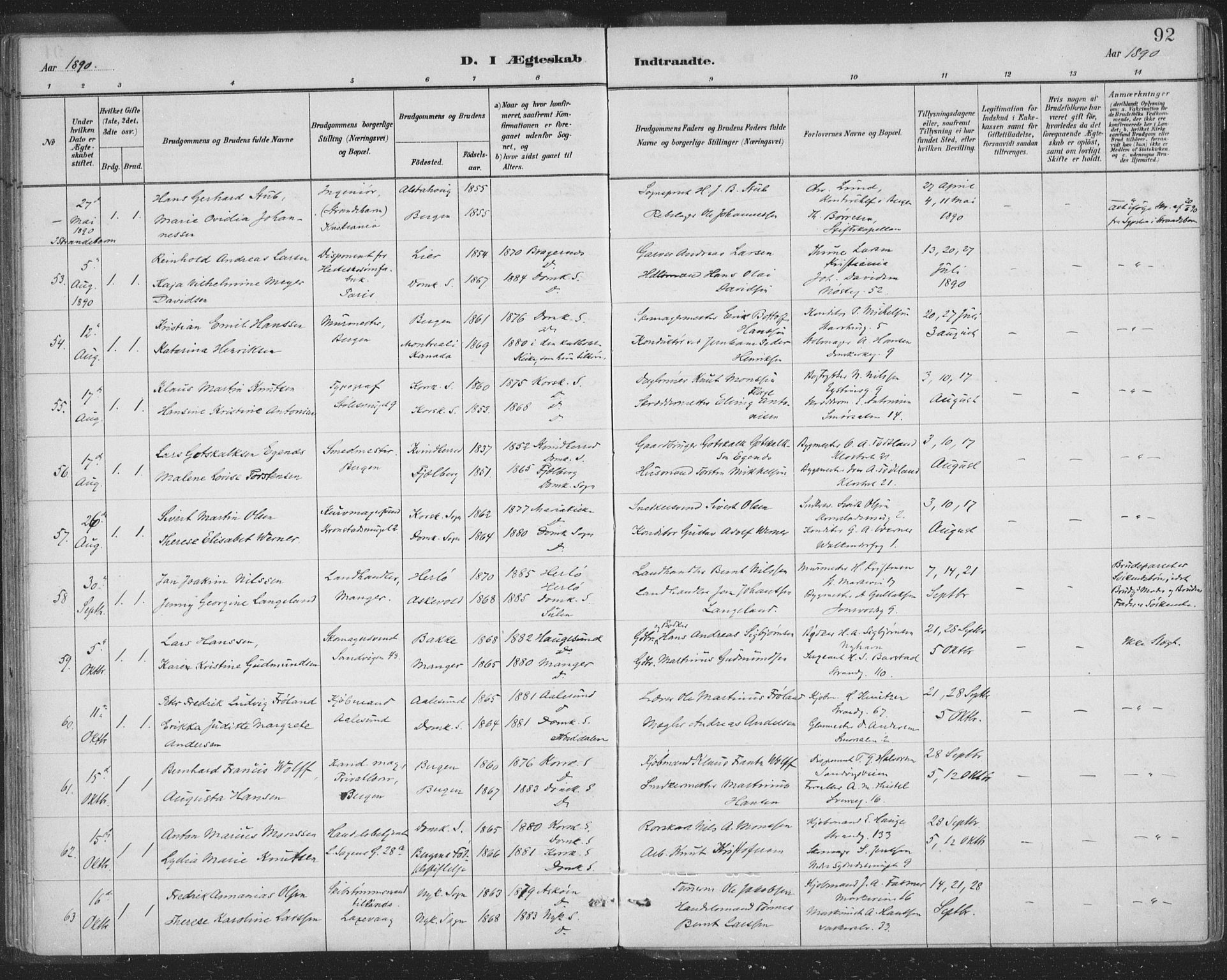 Domkirken sokneprestembete, AV/SAB-A-74801/H/Hab/L0032: Parish register (copy) no. D 4, 1880-1907, p. 92