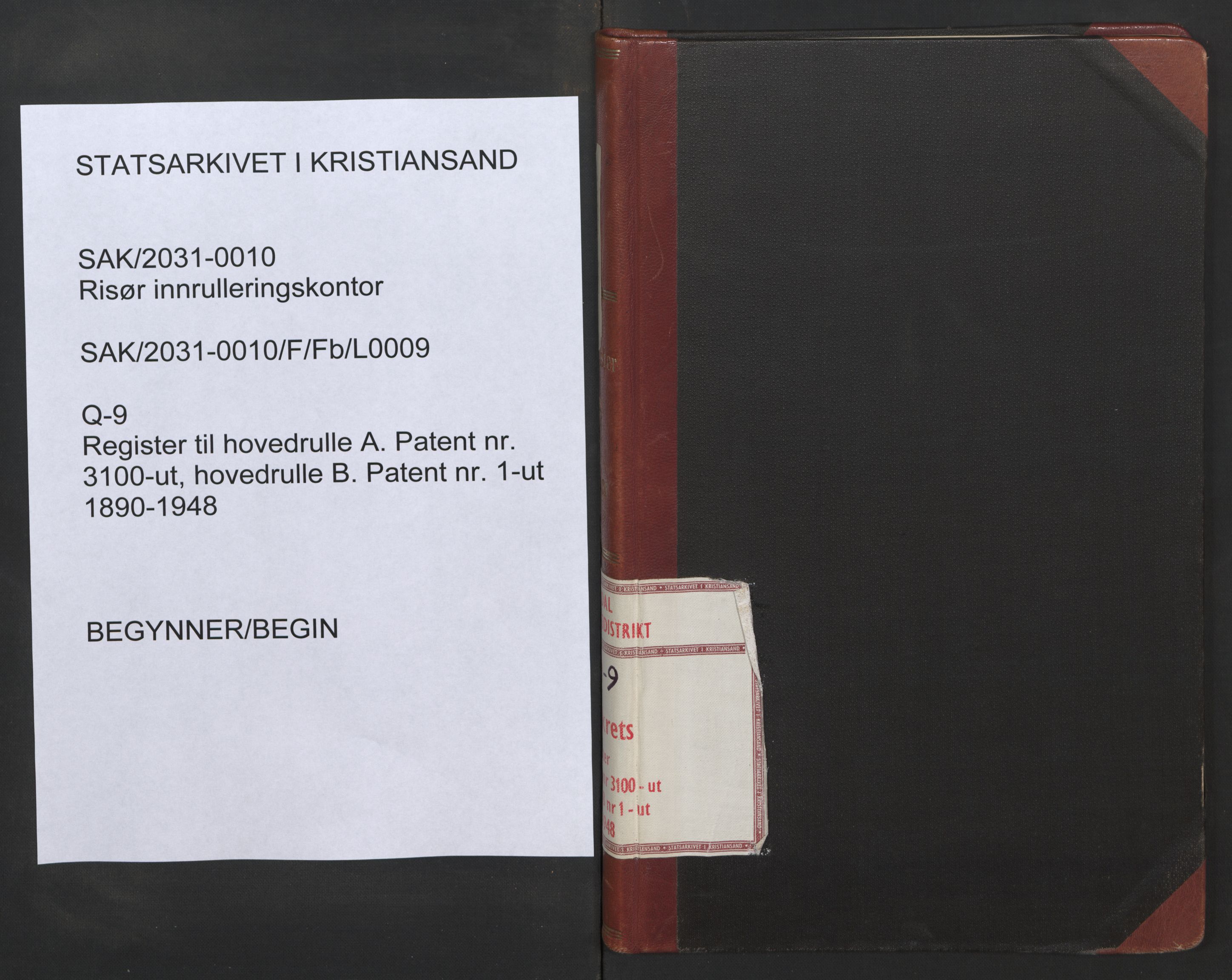 Risør mønstringskrets, AV/SAK-2031-0010/F/Fb/L0009: Register til hovedrulle A nr 3100-ut, hovedrulle B nr 1-ut, Q-9, 1890-1948, p. 1