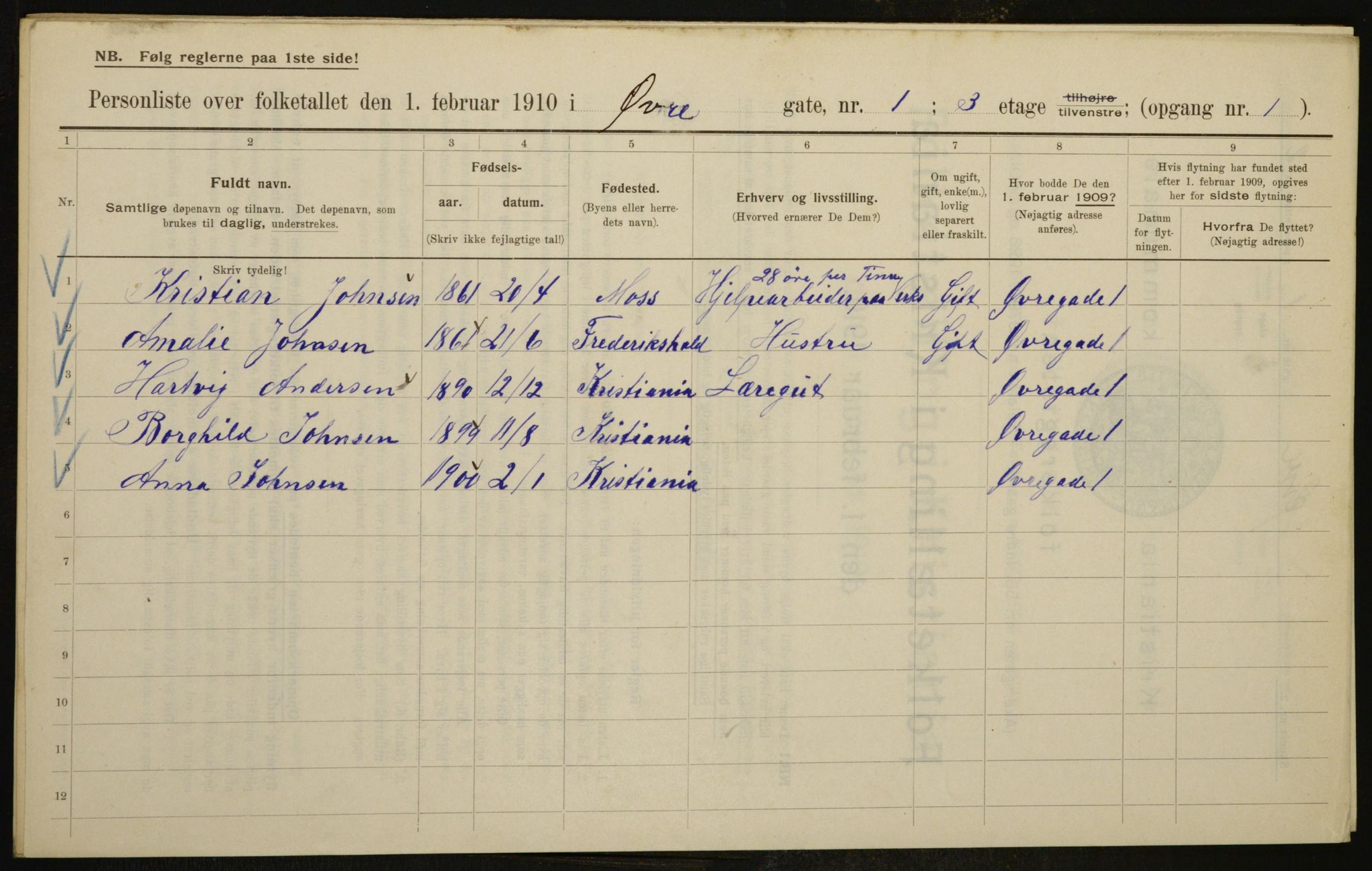 OBA, Municipal Census 1910 for Kristiania, 1910, p. 123023