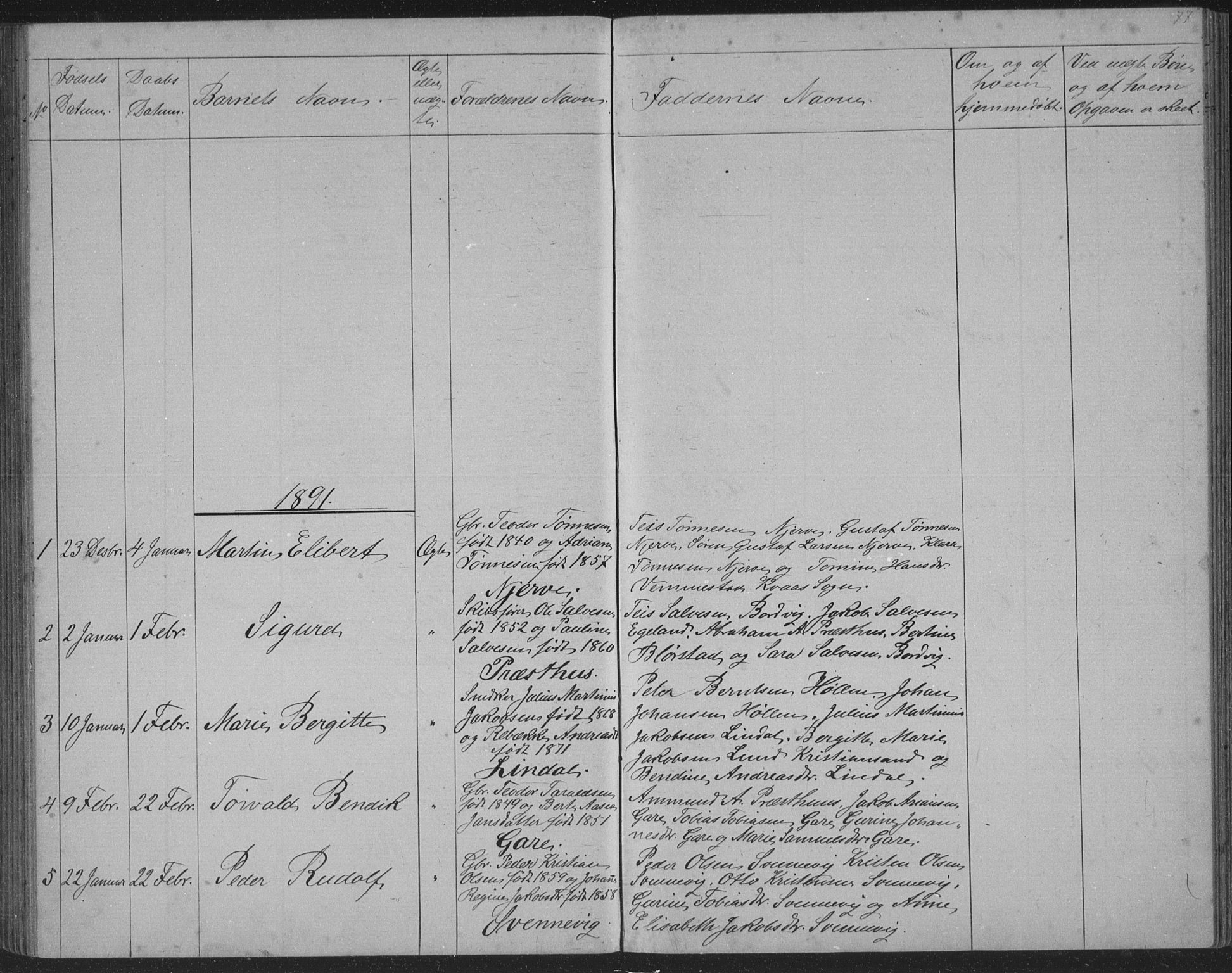 Sør-Audnedal sokneprestkontor, SAK/1111-0039/F/Fb/Fba/L0003: Parish register (copy) no. B 3, 1879-1893, p. 77
