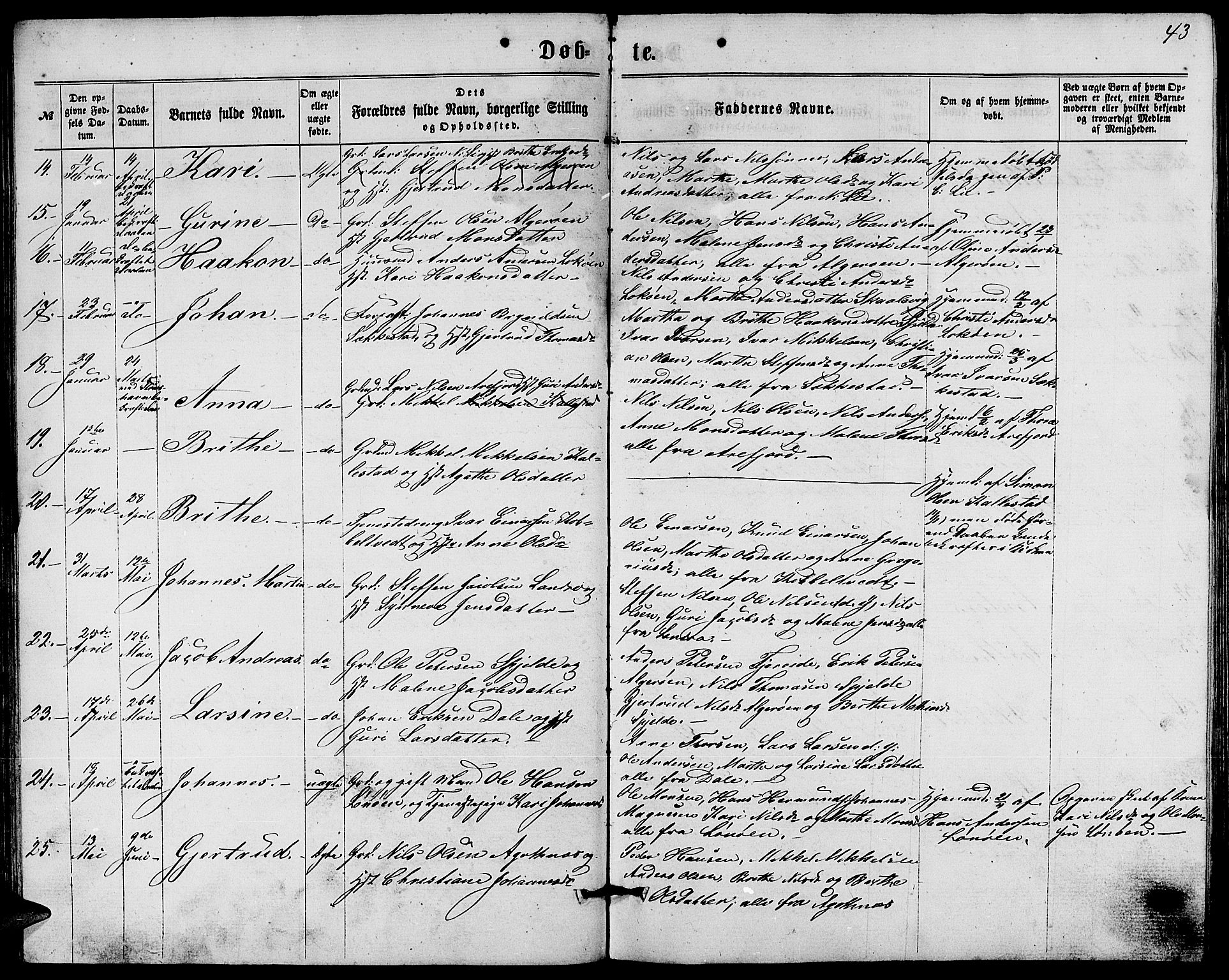 Fjell sokneprestembete, SAB/A-75301/H/Hab: Parish register (copy) no. A 1, 1861-1870, p. 43