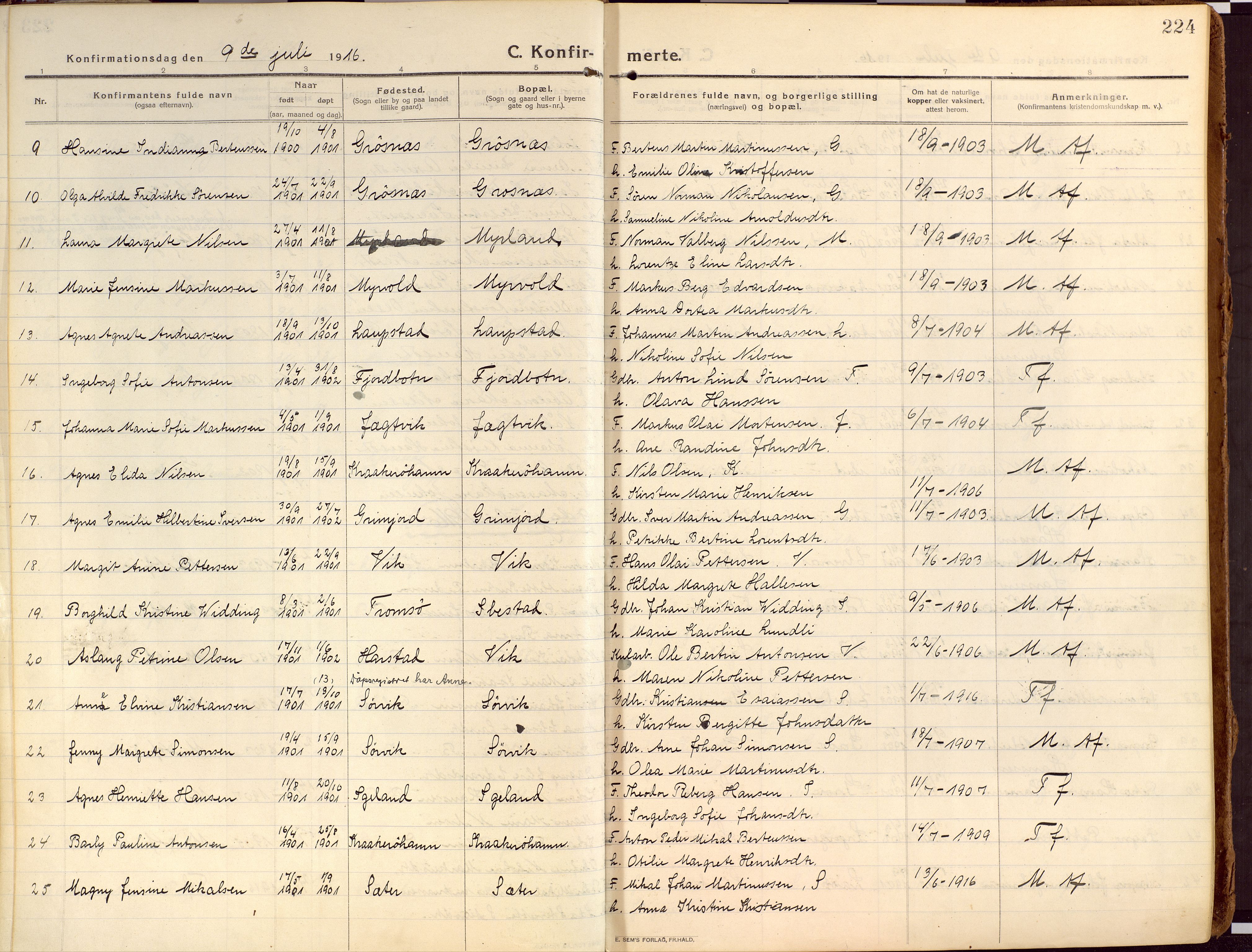 Ibestad sokneprestembete, SATØ/S-0077/H/Ha/Haa/L0018kirke: Parish register (official) no. 18, 1915-1929, p. 224