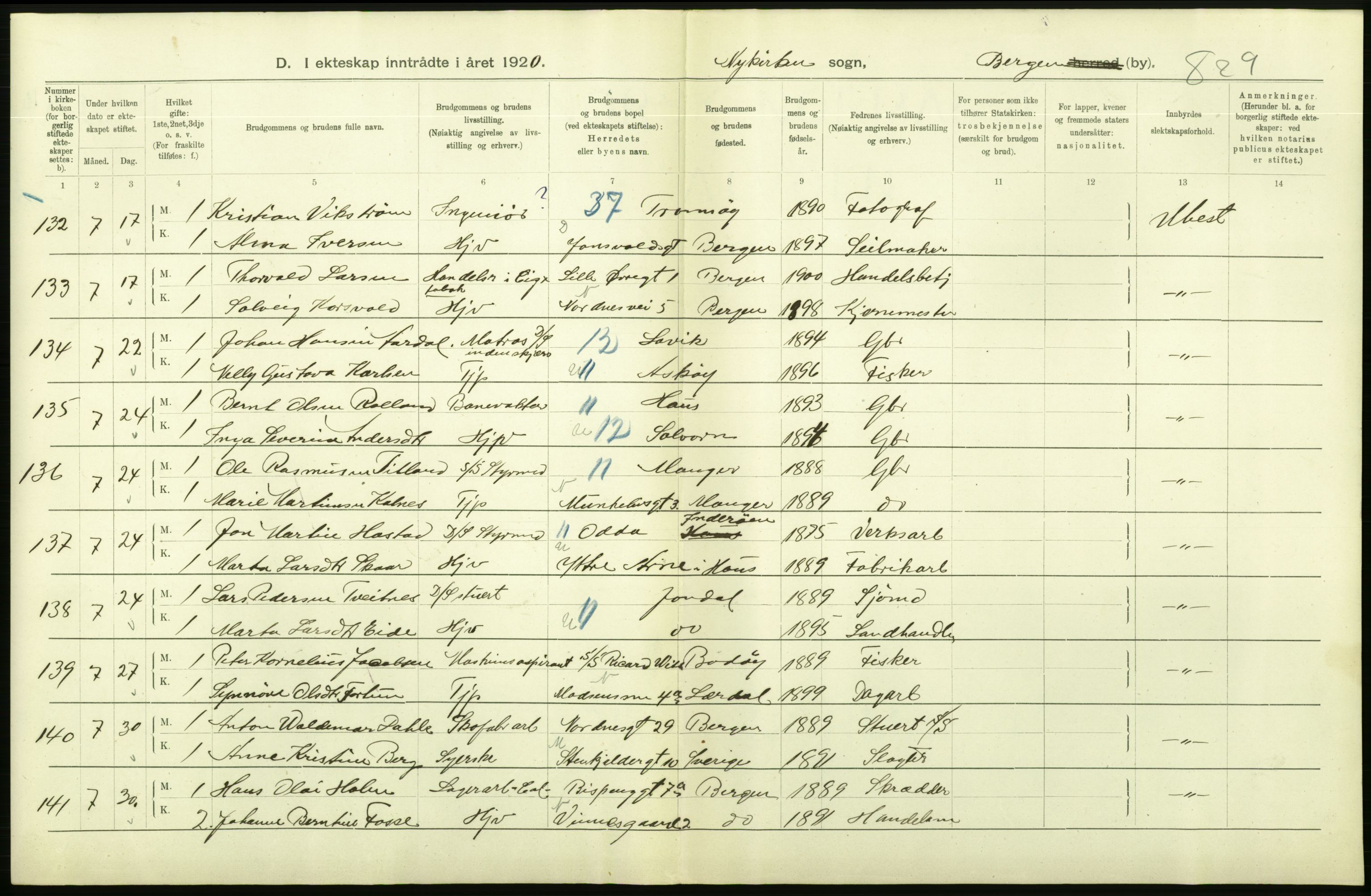 Statistisk sentralbyrå, Sosiodemografiske emner, Befolkning, AV/RA-S-2228/D/Df/Dfb/Dfbj/L0042: Bergen: Gifte, døde, dødfødte., 1920, p. 124