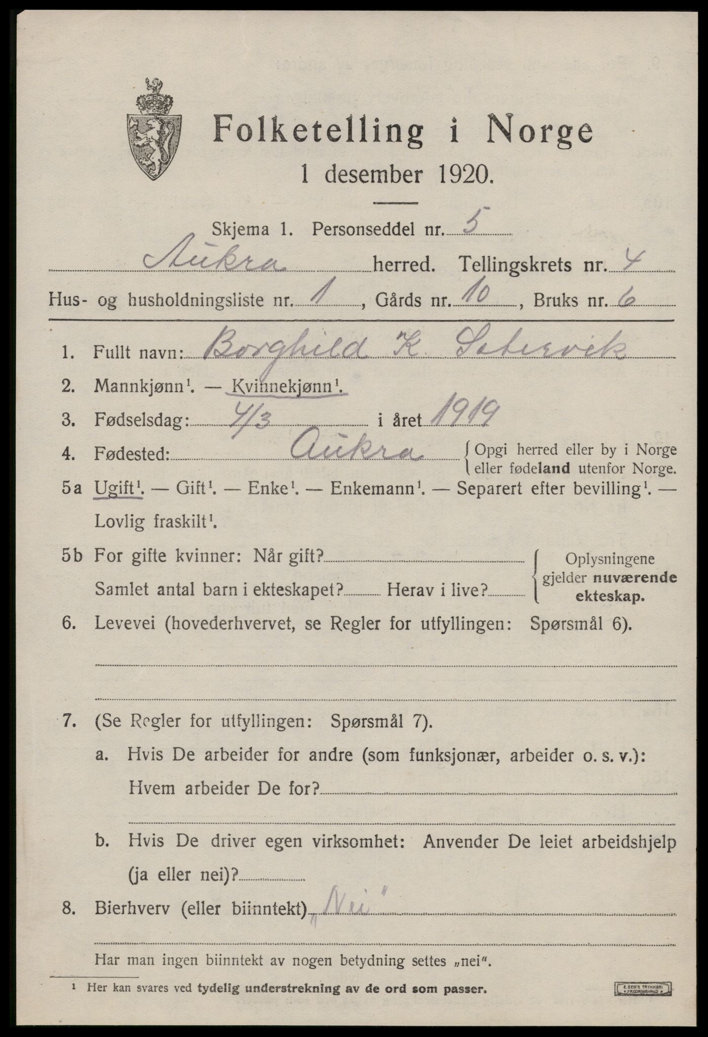 SAT, 1920 census for Aukra, 1920, p. 2699