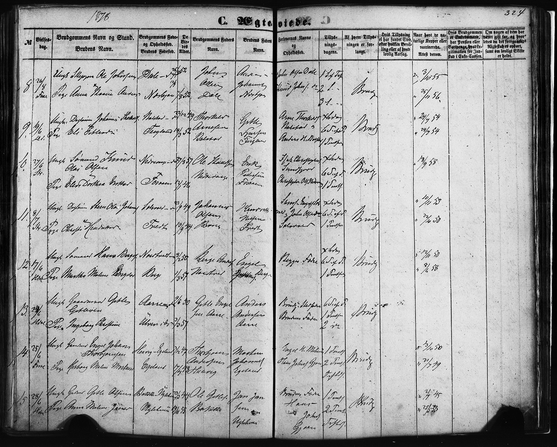 Fusa sokneprestembete, AV/SAB-A-75401/H/Haa: Parish register (official) no. A 1I, 1855-1879, p. 324