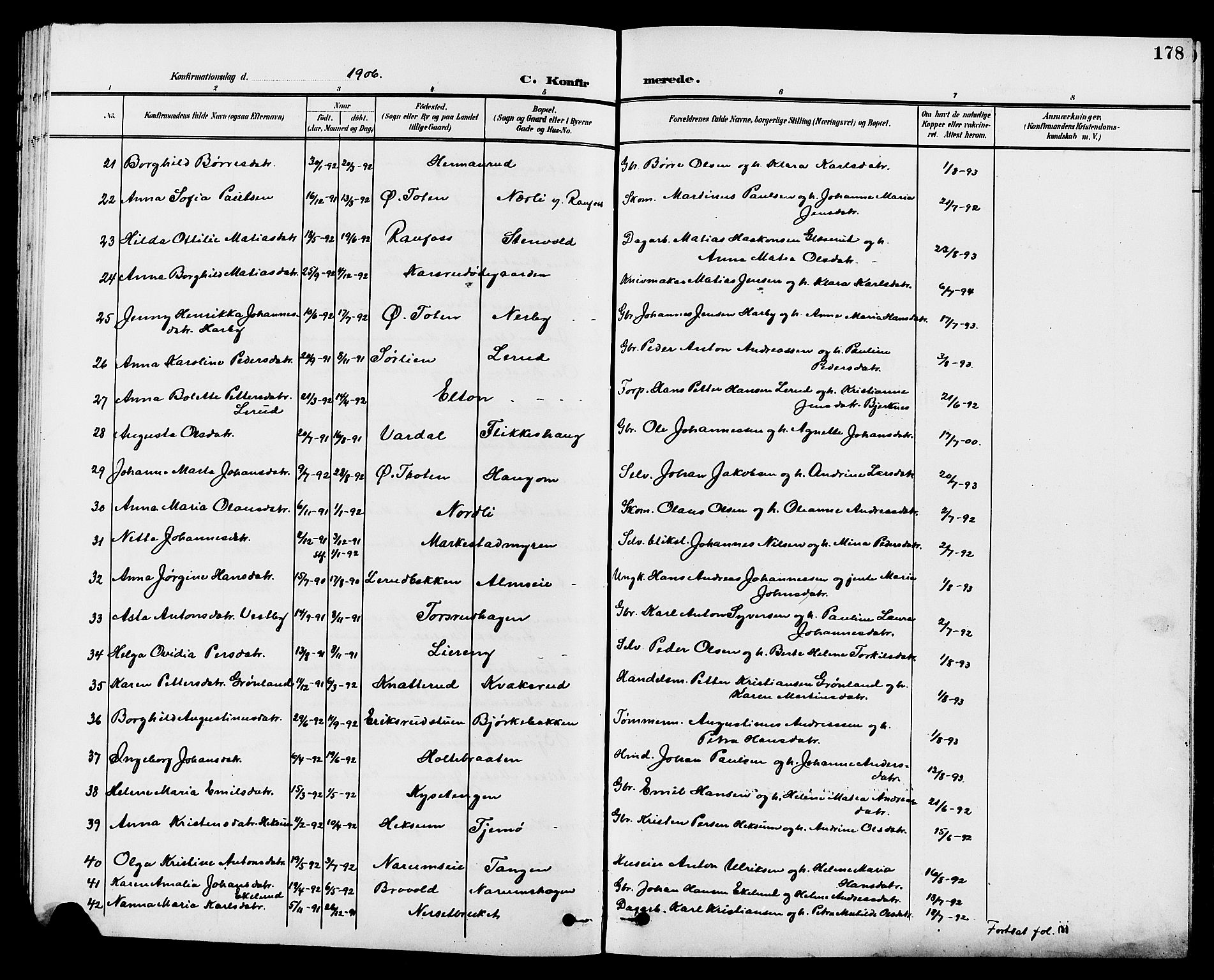Vestre Toten prestekontor, SAH/PREST-108/H/Ha/Hab/L0010: Parish register (copy) no. 10, 1900-1912, p. 178