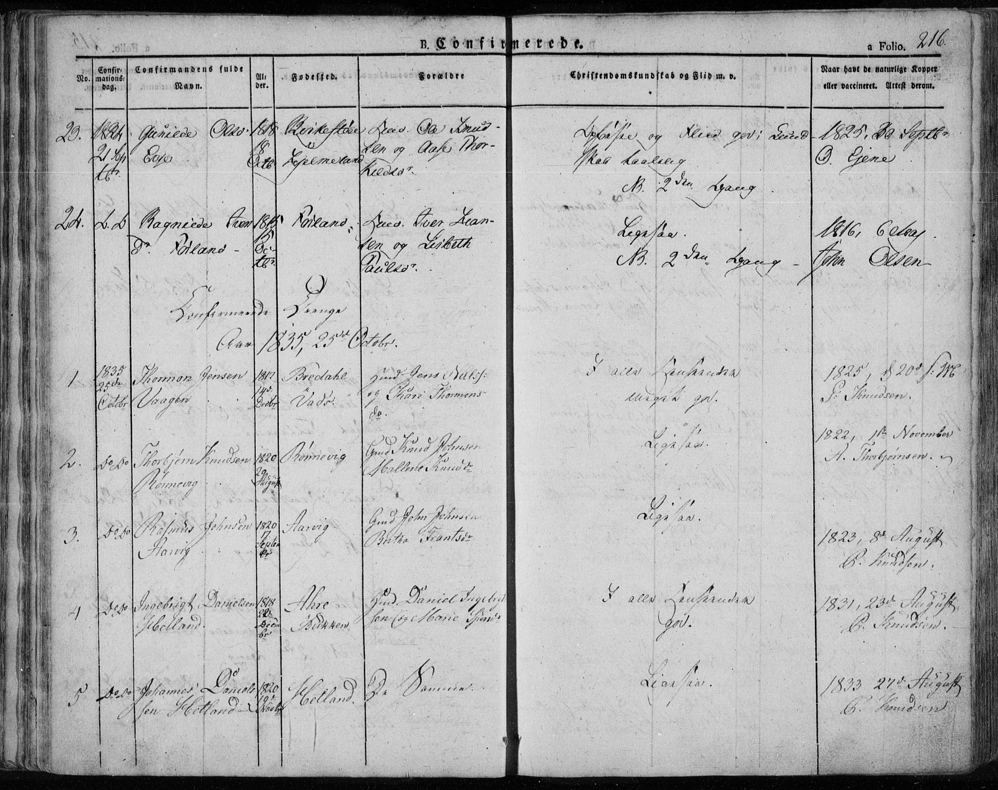 Tysvær sokneprestkontor, AV/SAST-A -101864/H/Ha/Haa/L0001: Parish register (official) no. A 1.1, 1831-1856, p. 216